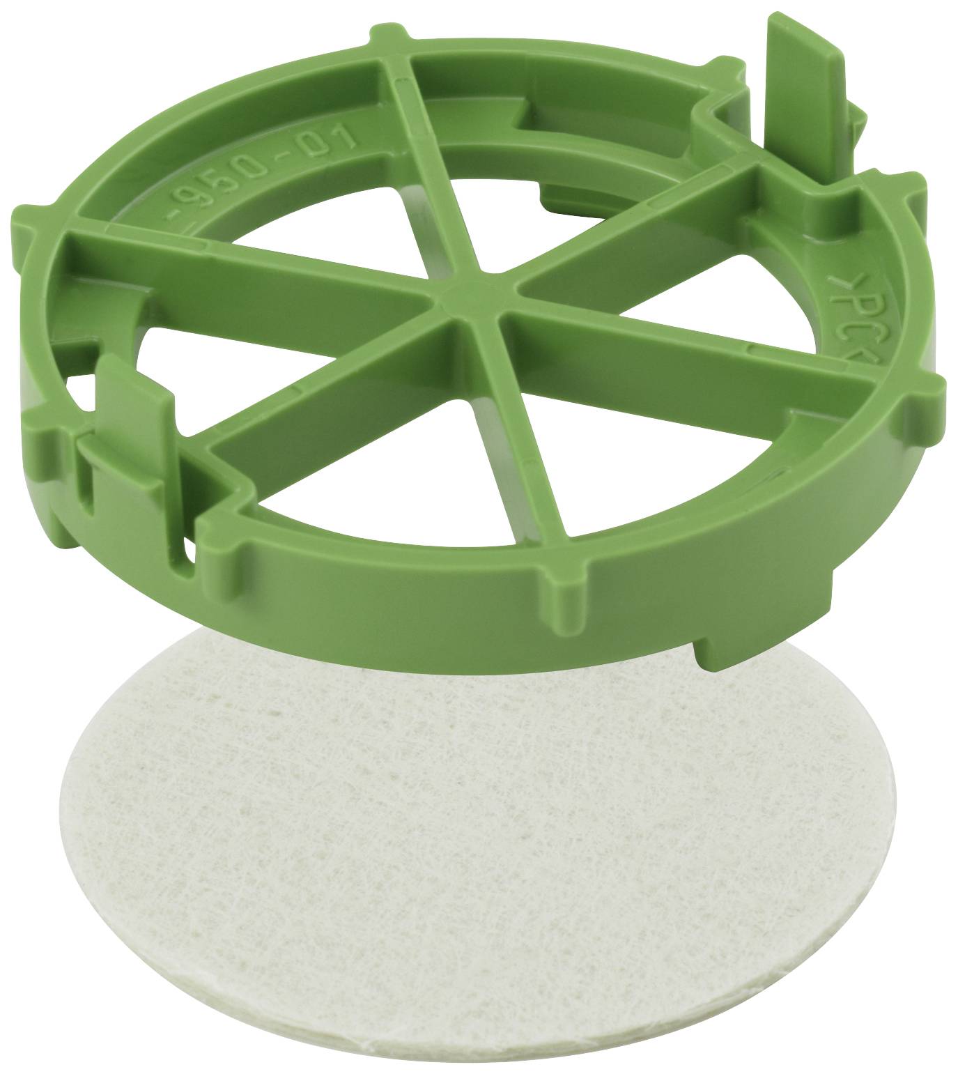 Clip en plastique vert pour fixation, rond avec six branches, placé sur un disque circulaire blanc.