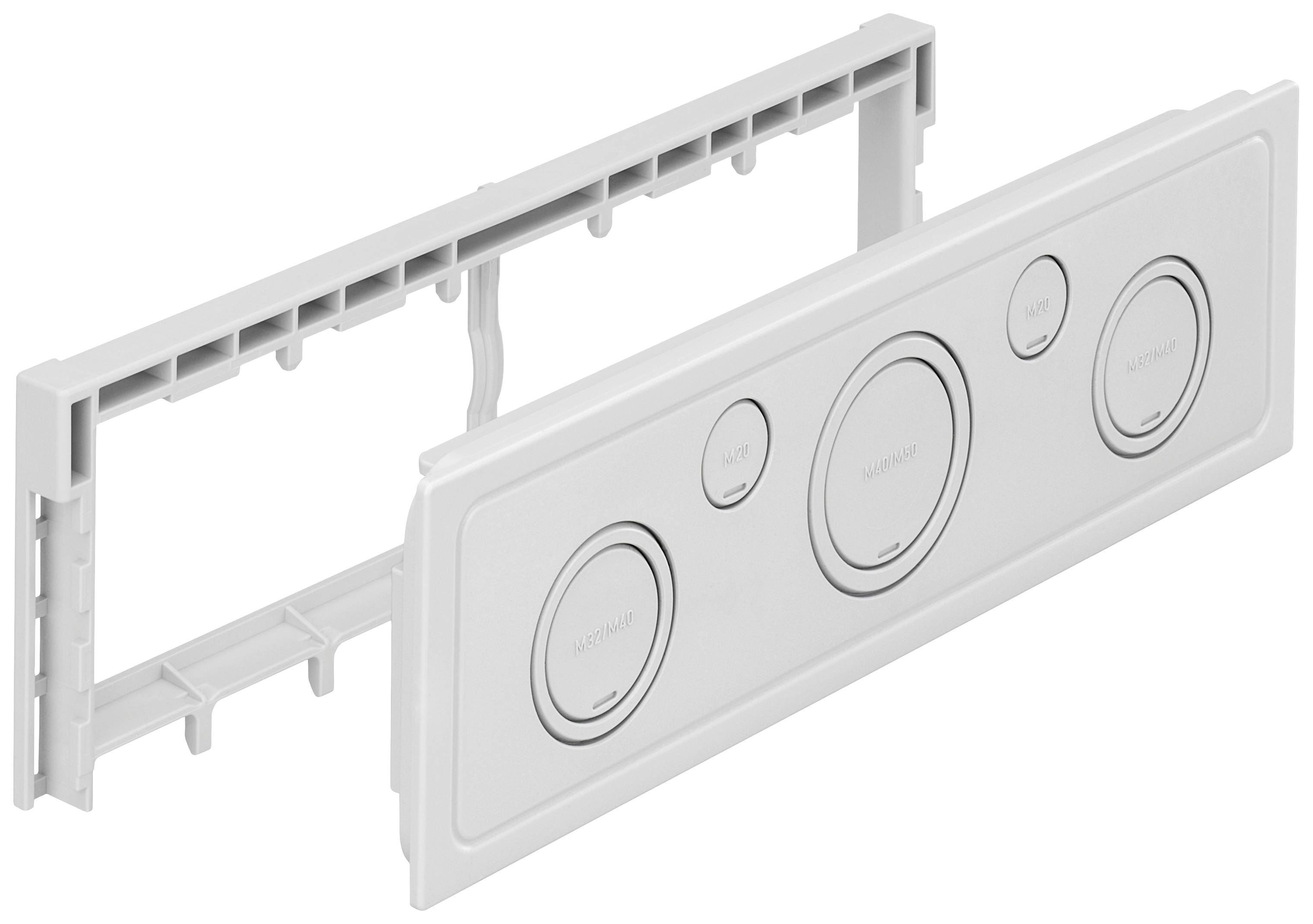 Couvercle en plastique blanc avec trois boutons ronds et un cadre rectangulaire, adapté pour une installation murale.