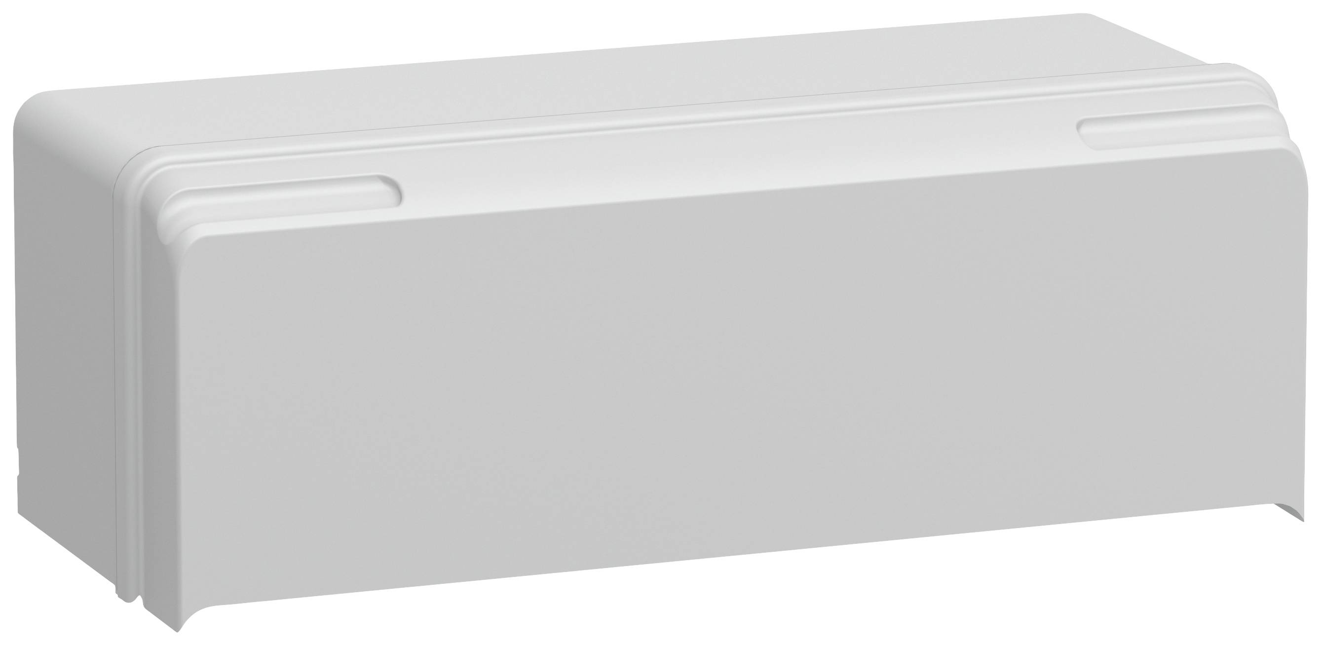 Un couvercle rectangulaire blanc en plastique aux coins arrondis et avec des ergots de préhension sur les côtés.