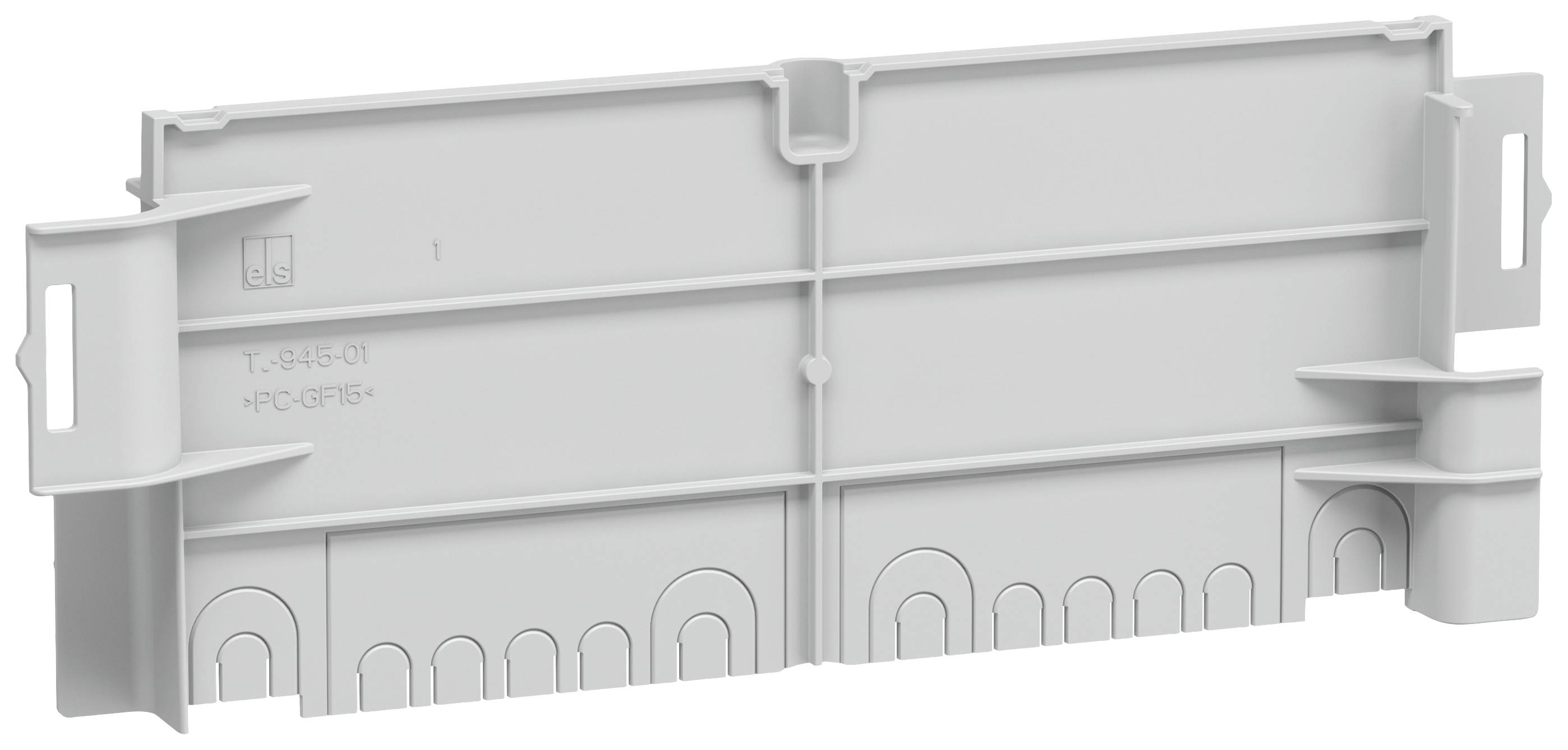 Adaptateur gris en plastique pour montage sur rail DIN, de forme rectangulaire avec plusieurs possibilités de fixation et cavités.