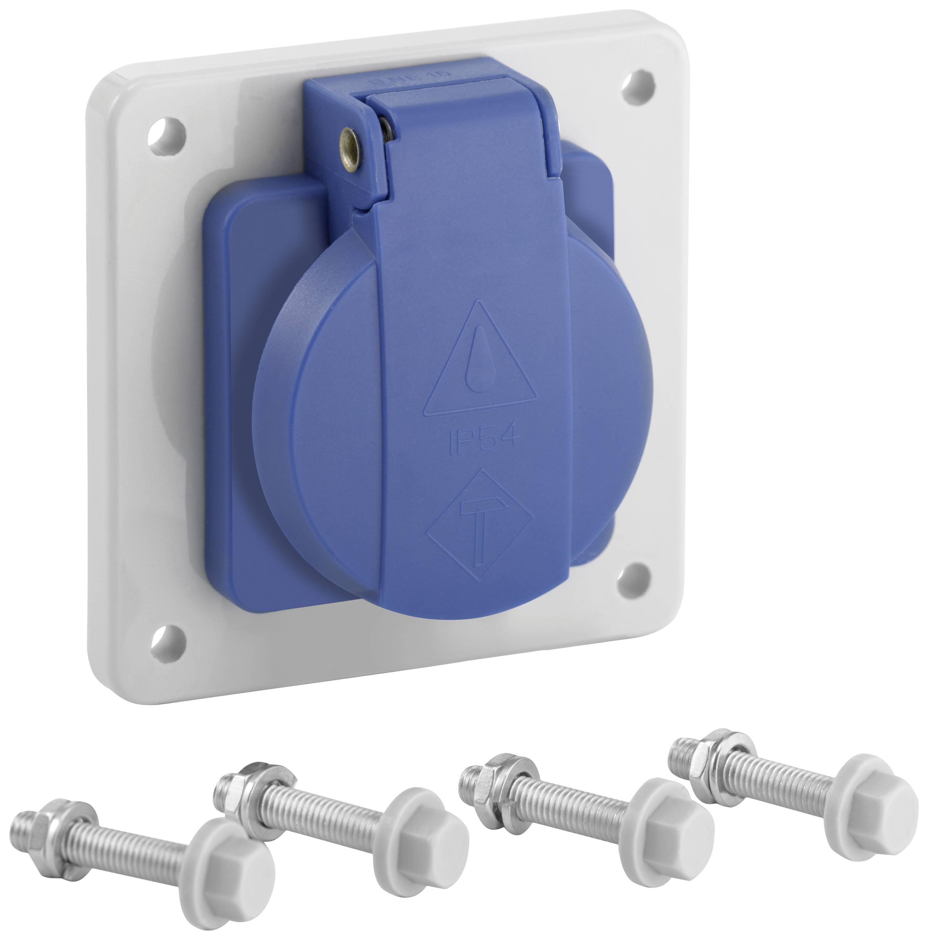 Prise électrique bleue avec couvercle rabattable sur fond blanc, à côté de quatre vis.