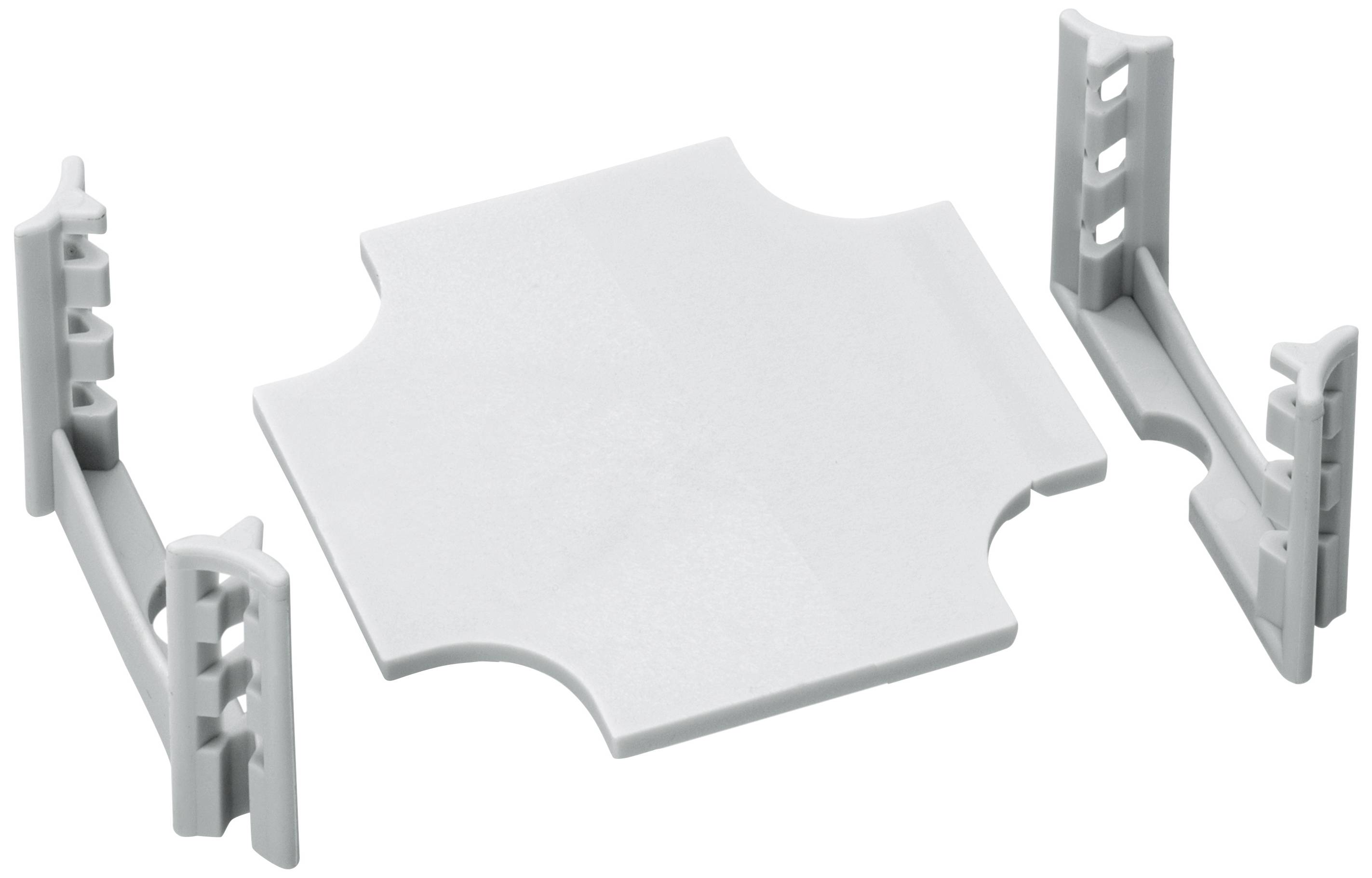 Pièce en plastique grise composée d'une plaque carrée aux bords arrondis et de trois supports en forme de U distincts.