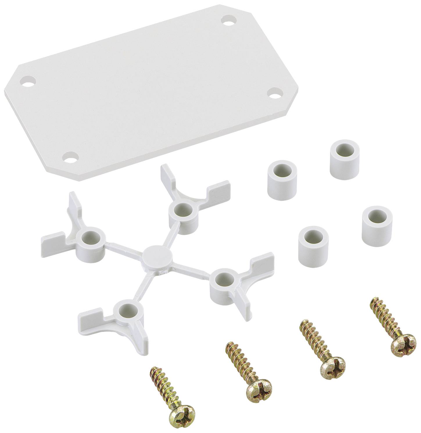 Kit de fixation blanc comprenant une plaque rectangulaire, quatre entretoises, une étoile de support et quatre vis dorées.