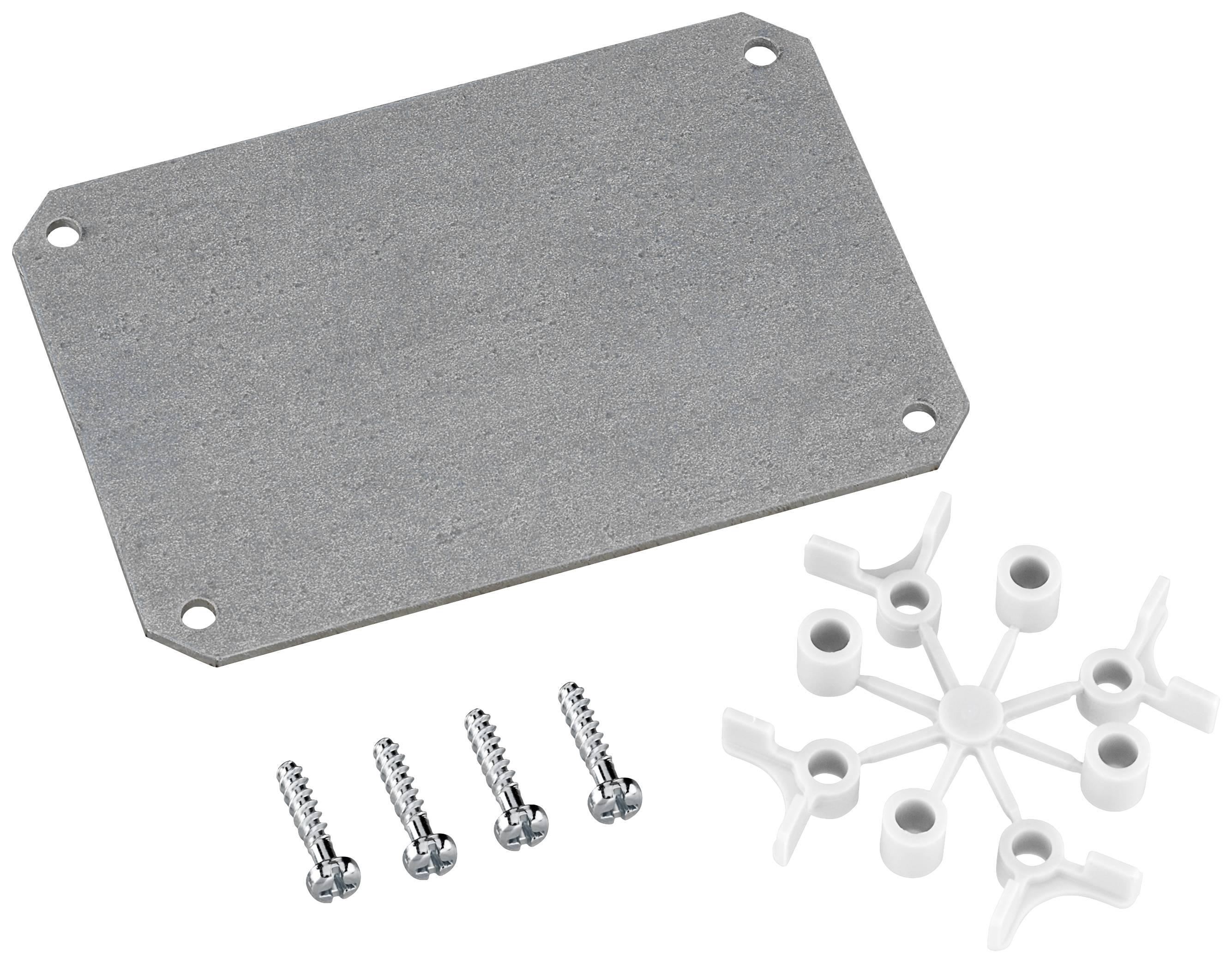 Plaque métallique avec quatre vis et un support en plastique blanc en forme d'étoile sur un fond blanc.