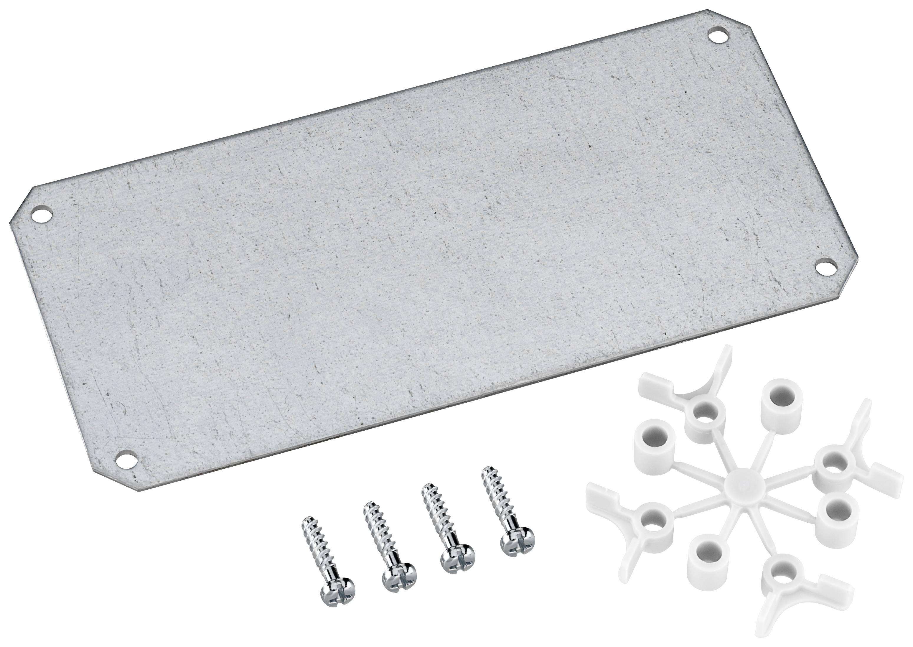 Plaque métallique avec quatre vis et une étoile blanche en plastique, probablement destinée au montage ou à la fixation dans un contexte technique.