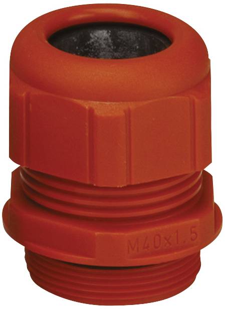 Presse-étoupe cylindrique en plastique rouge, avec filetage M40x1,5, sur fond blanc.