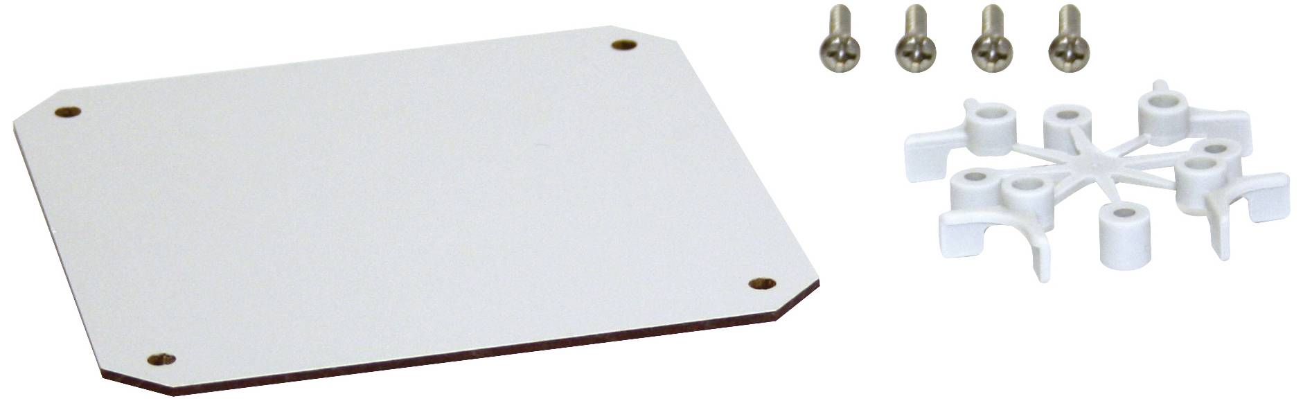 Plaque de montage blanche avec quatre vis et une pièce en plastique en forme d'étoile, probablement destinée à la fixation ou à l'assemblage.