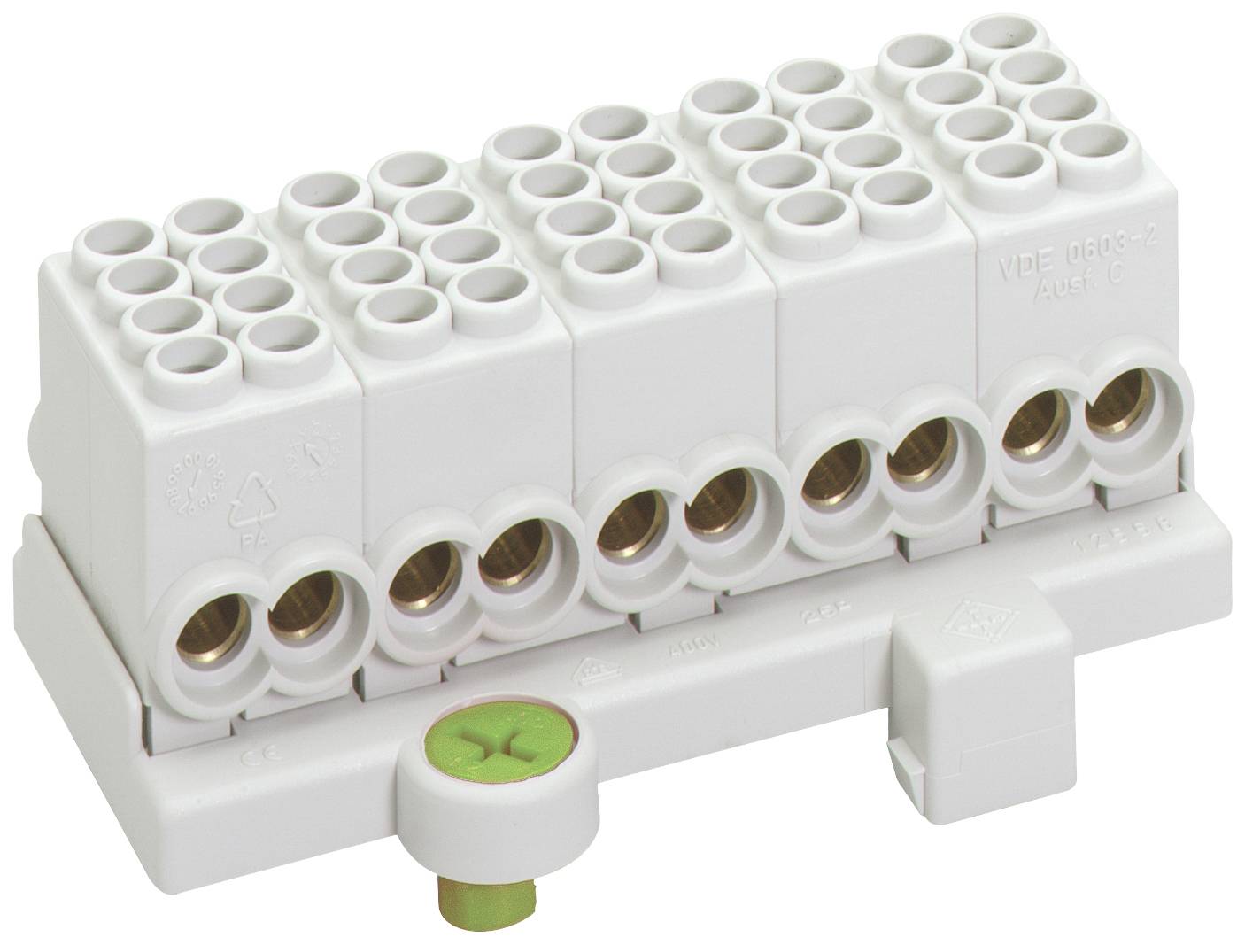 Barrette de connexion électrique blanche avec plusieurs possibilités de raccordement pour câbles, adaptée aux besoins de câblage dans les installations électriques.