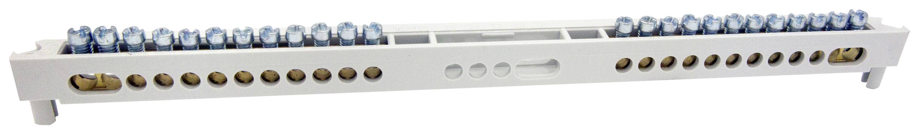 Un barreau de connexion avec des bornes de raccordement bleues sur un rail en plastique blanc, utilisé pour les connexions électriques et le câblage.