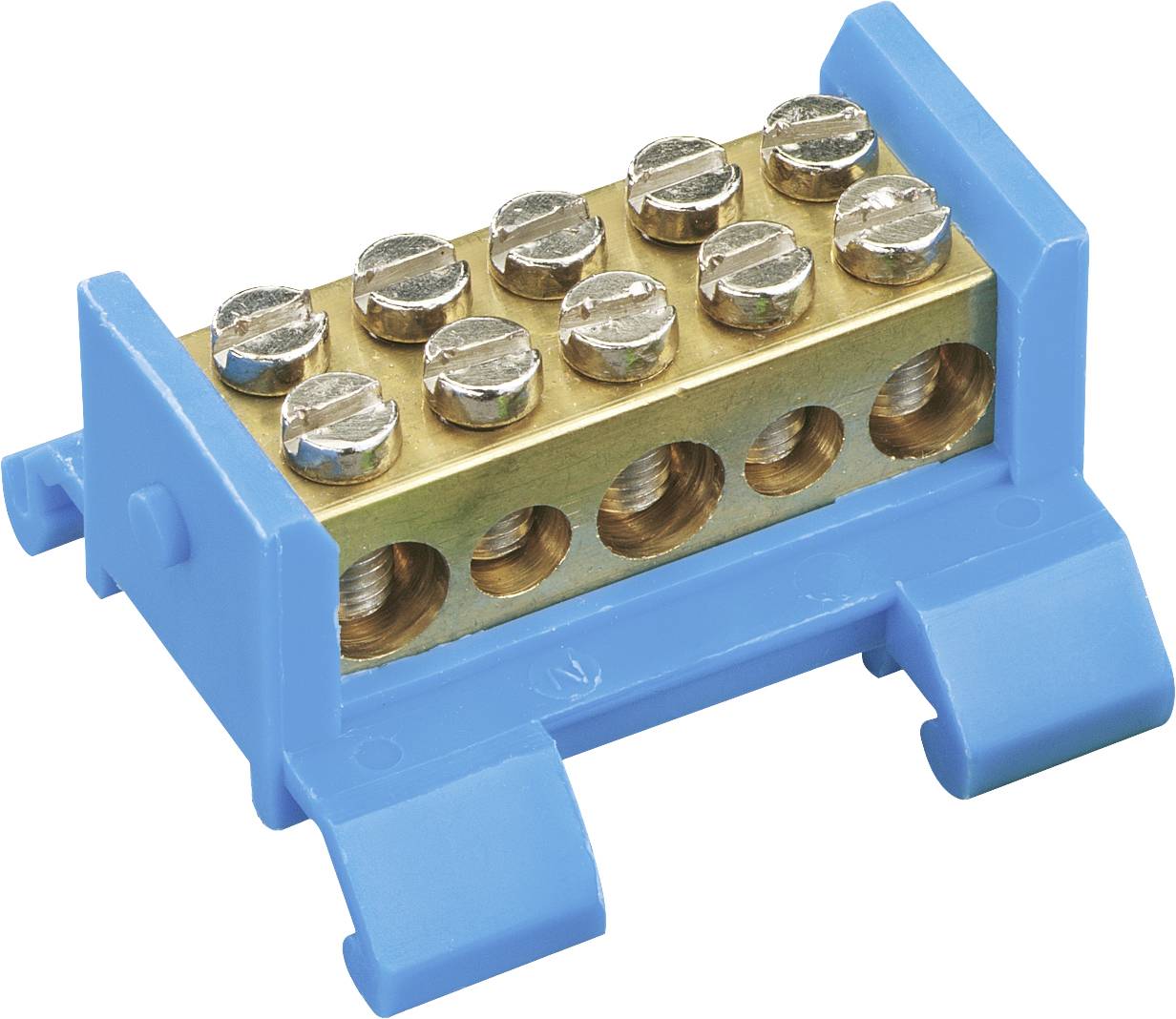Bloc avec plusieurs connexions en laiton, fixé sur un support bleu. Souvent utilisé pour des connexions électriques.