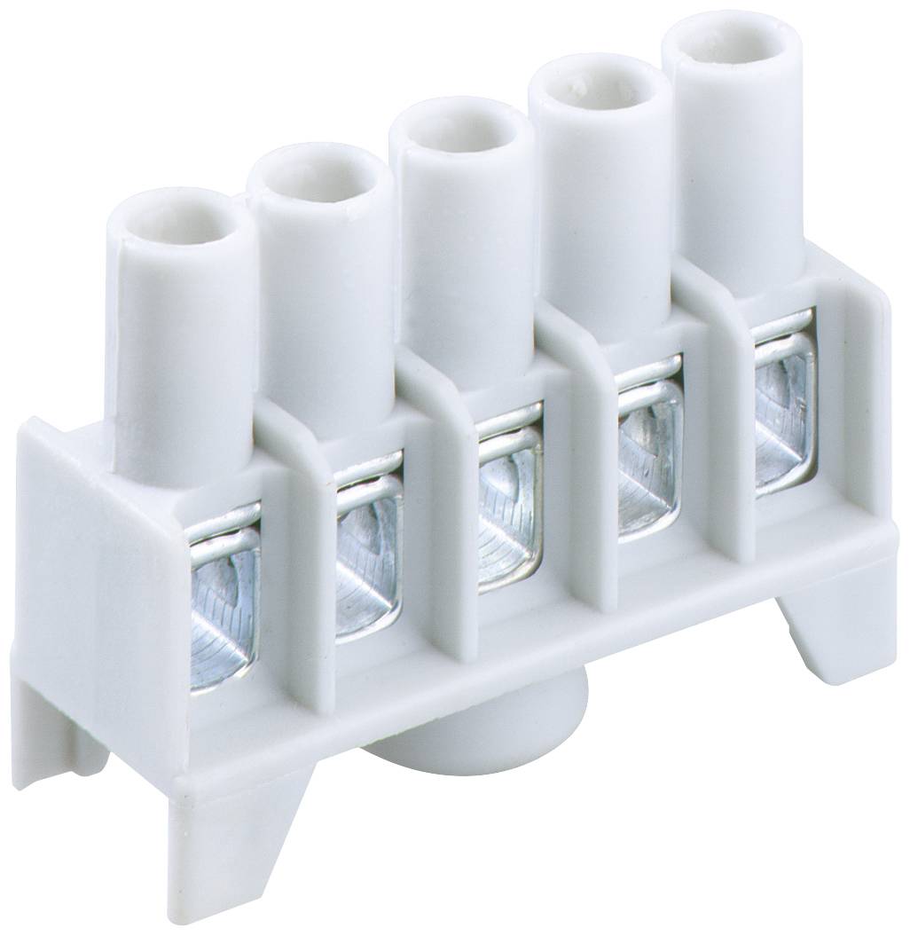 Un connecteur blanc à quatre pôles en plastique avec des bornes à vis transparentes, utilisé pour raccorder des câbles électriques.
