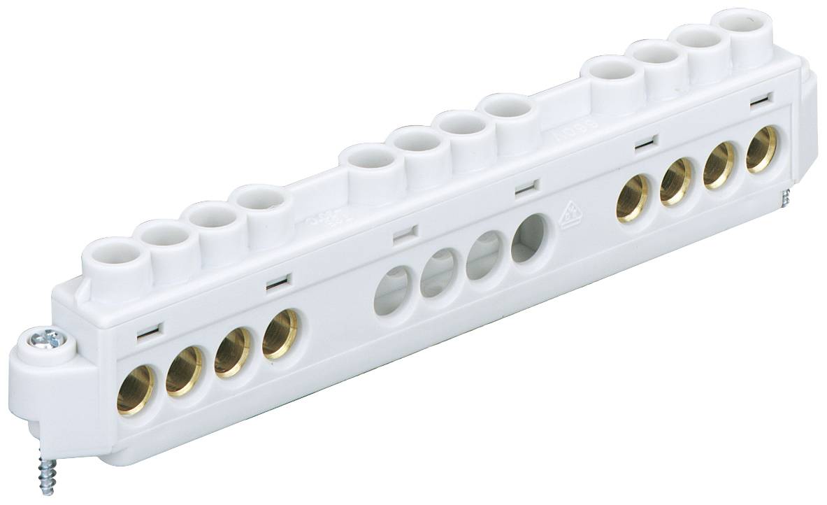 Barrette multiprises électrique blanche avec plusieurs ports de connexion, destinée à assurer un branchement sûr des câbles dans les installations électriques.