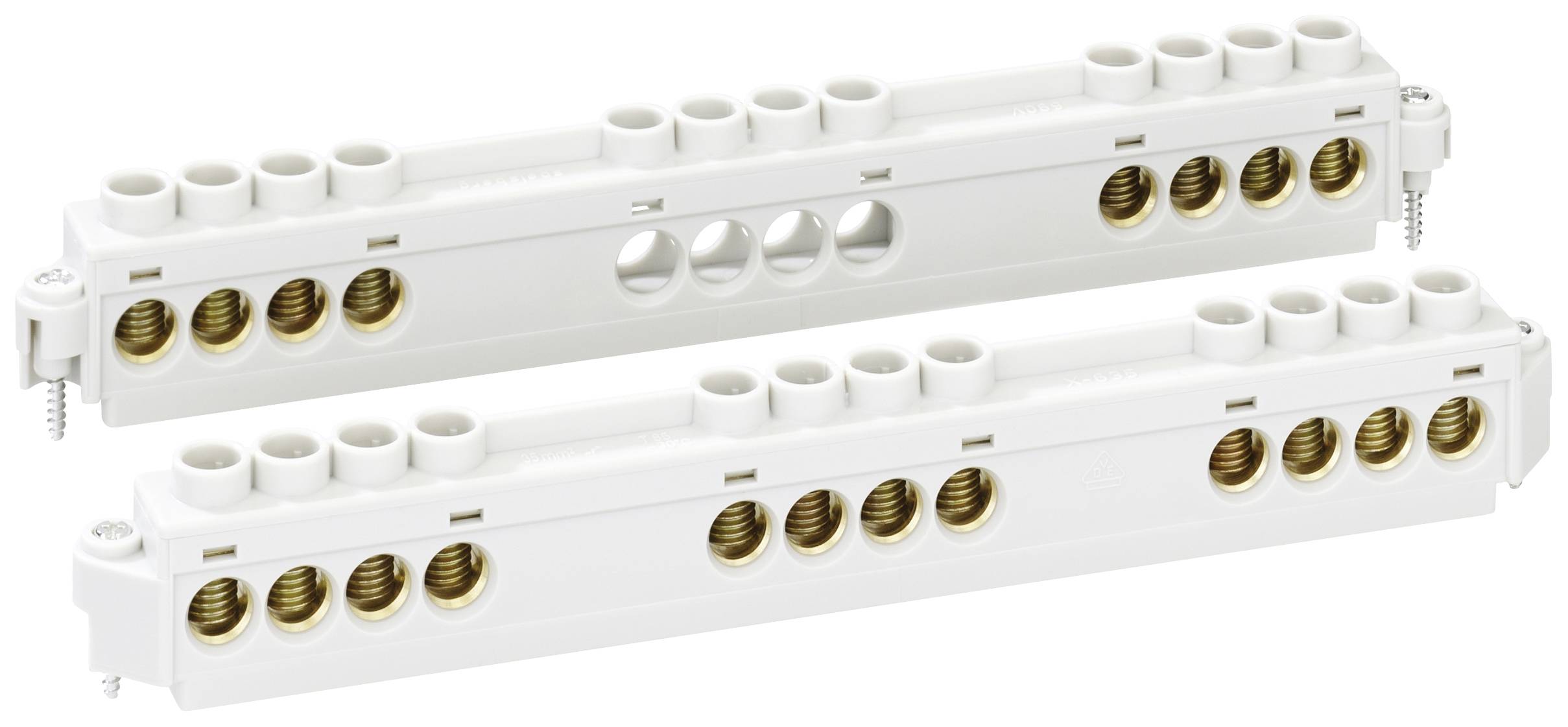 Deux barrettes de connexion blanches et rectangulaires avec plusieurs ouvertures de bornes rondes à vis. Principalement utilisées pour des connexions électriques.