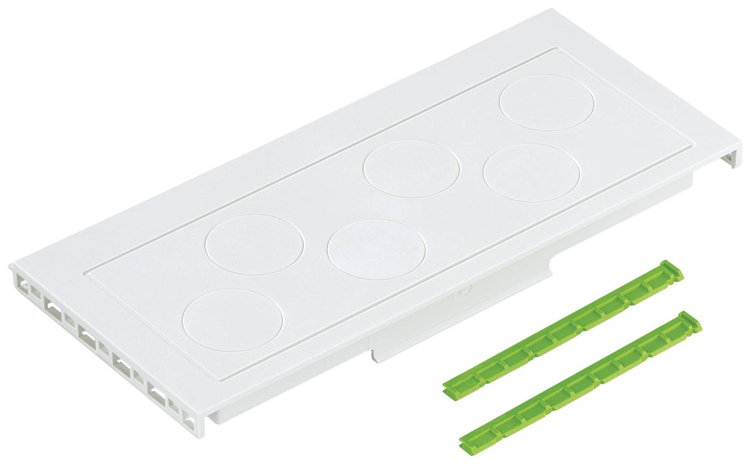 Image d'un rectangle blanc avec six découpes circulaires et deux bandes vertes à côté. Possible partie d'un système modulaire.