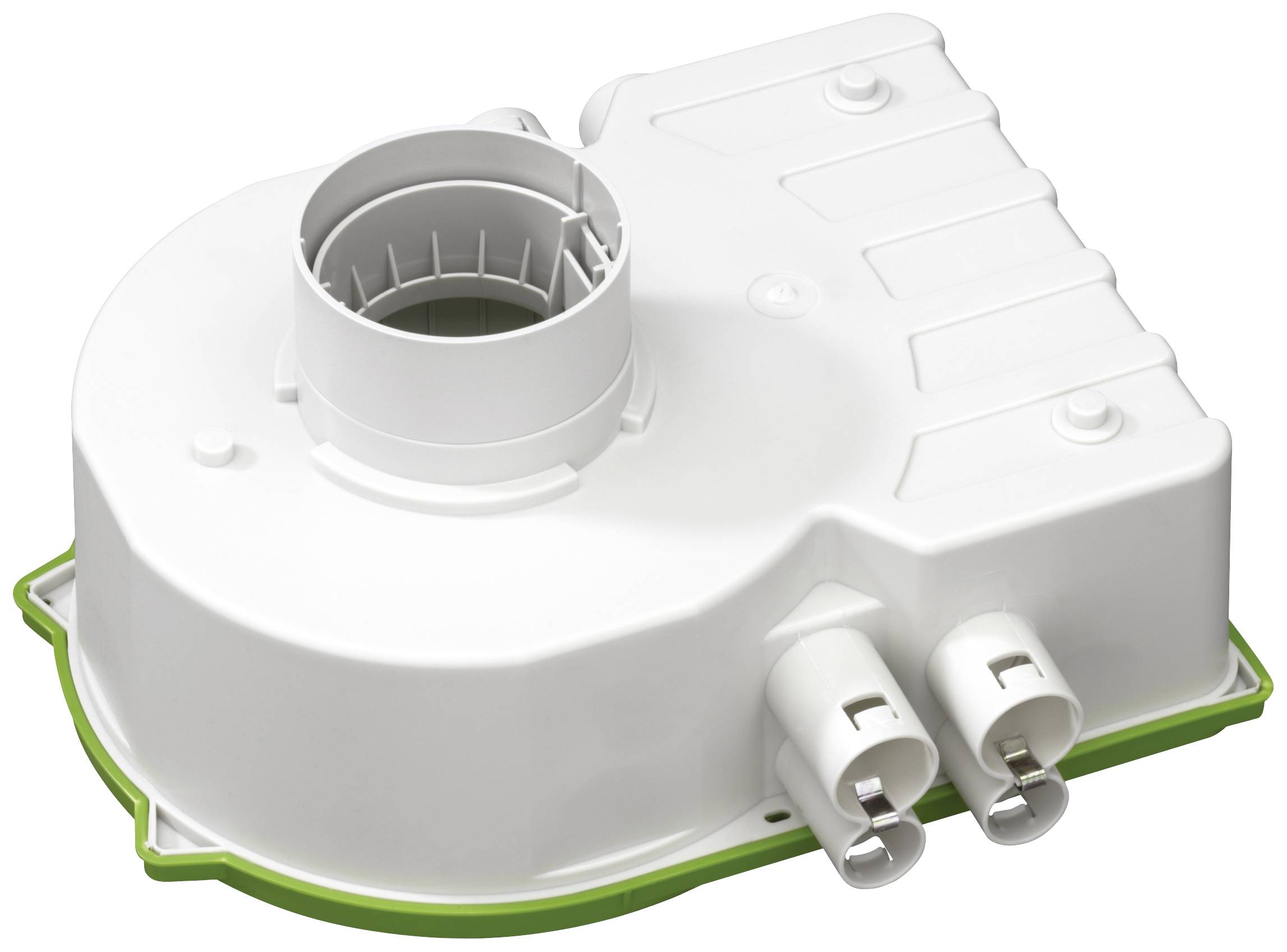 Un boîtier en plastique blanc avec une ouverture ronde et deux connexions latérales. Probablement une partie d'un dispositif technique.