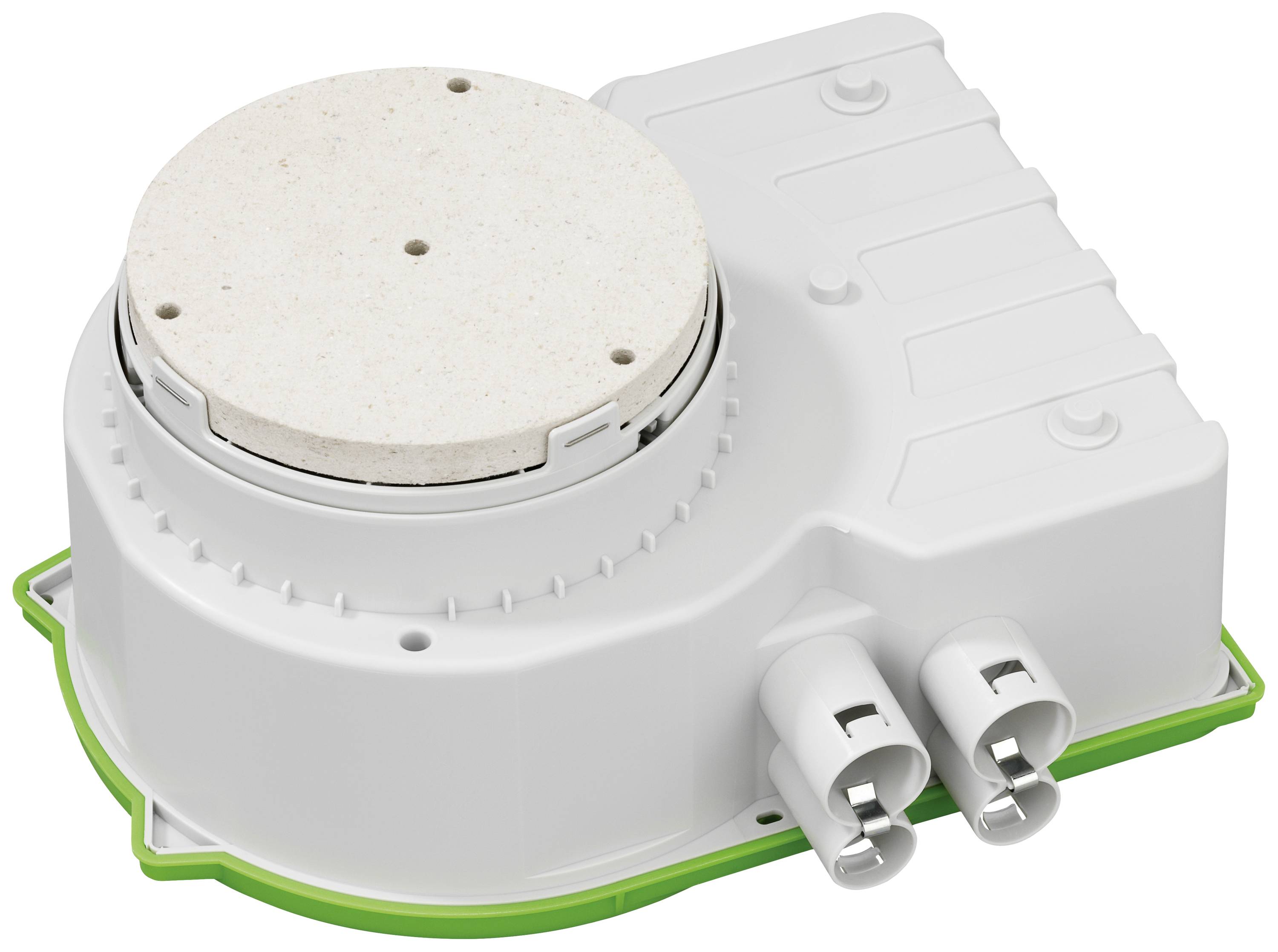 Un composant blanc, cylindrique, avec des connexions électriques et un embout rond et plat. Manifestement destiné à des applications techniques.