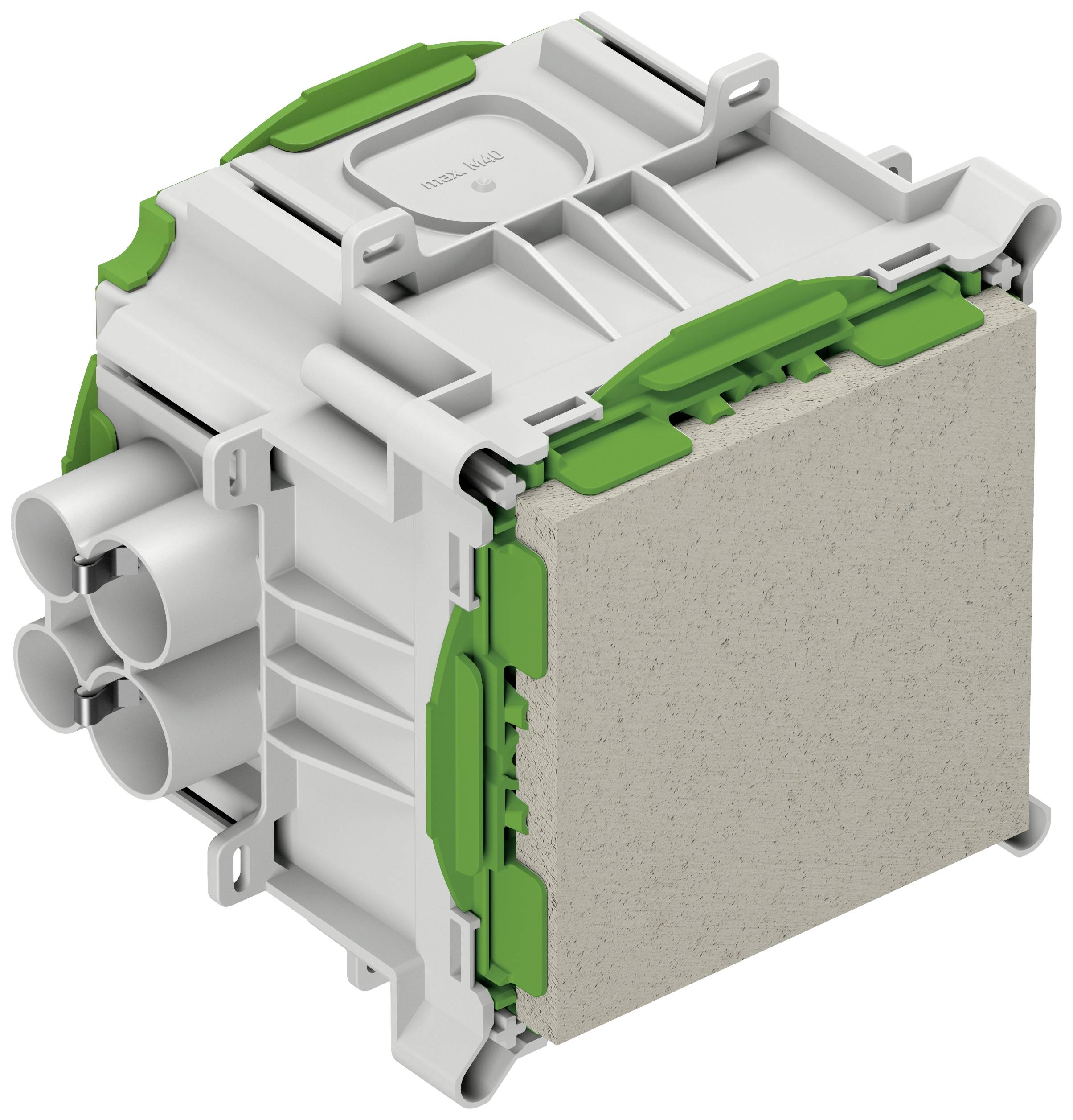 Un appareil électrotechnique vert et blanc avec plusieurs connexions et un boîtier rectangulaire, montré de côté.