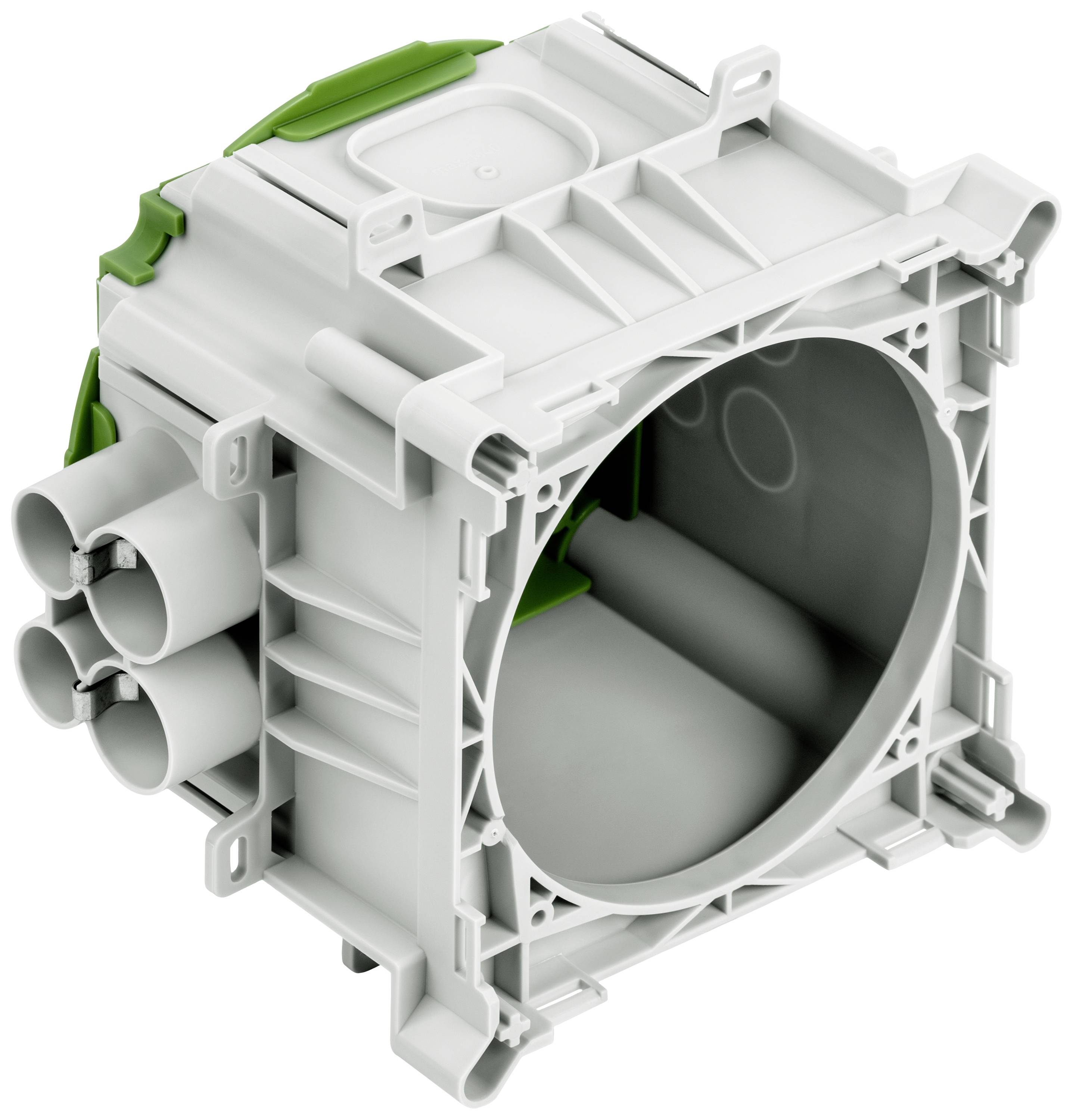 Une boîte de dérivation électrique grise, carrée, avec plusieurs connexions de câbles et des éléments verts, adaptée à une installation murale.