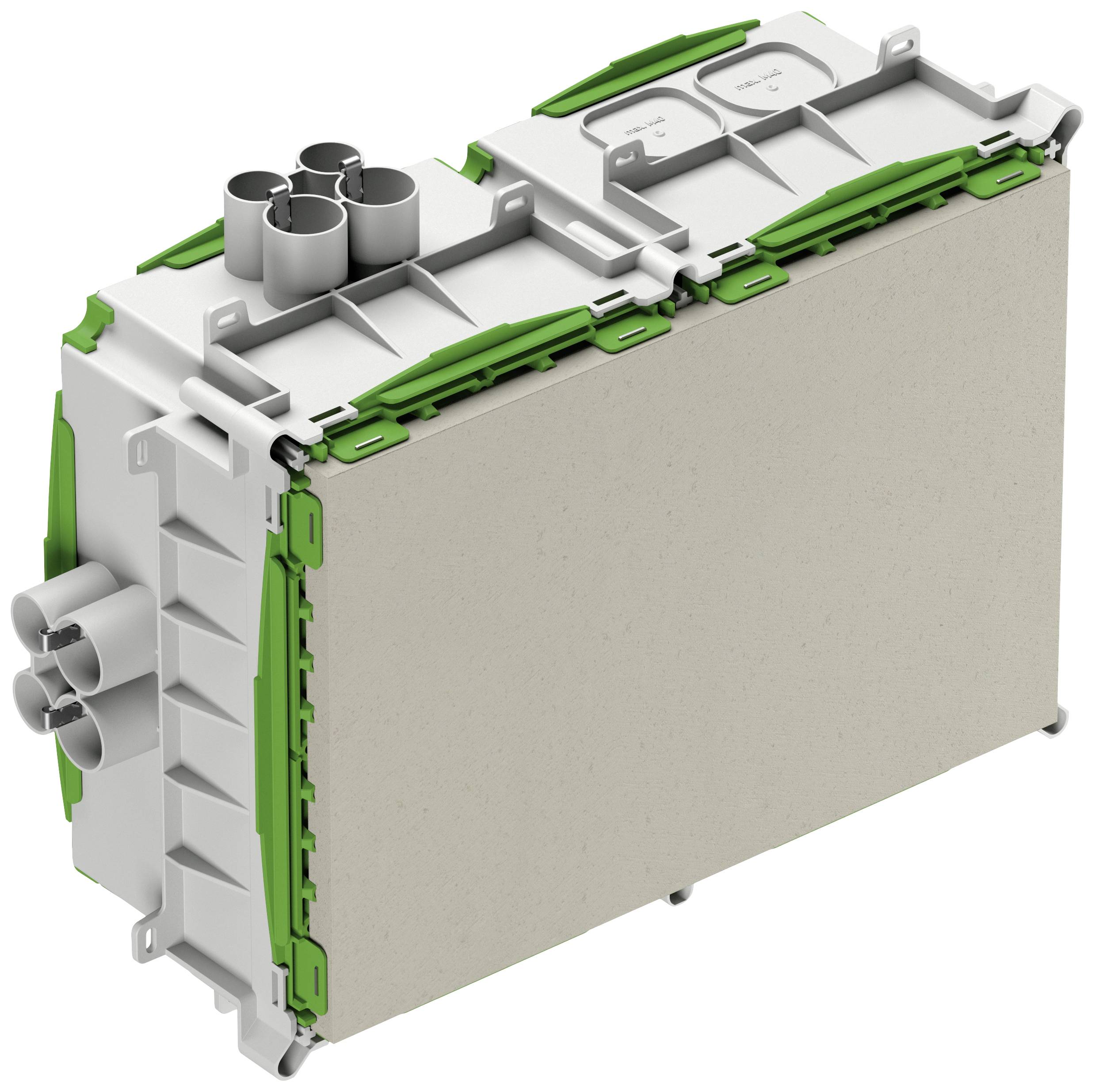 Un boîtier électrique rectangulaire avec des accents verts et plusieurs raccords circulaires sur le dessus et sur le côté.