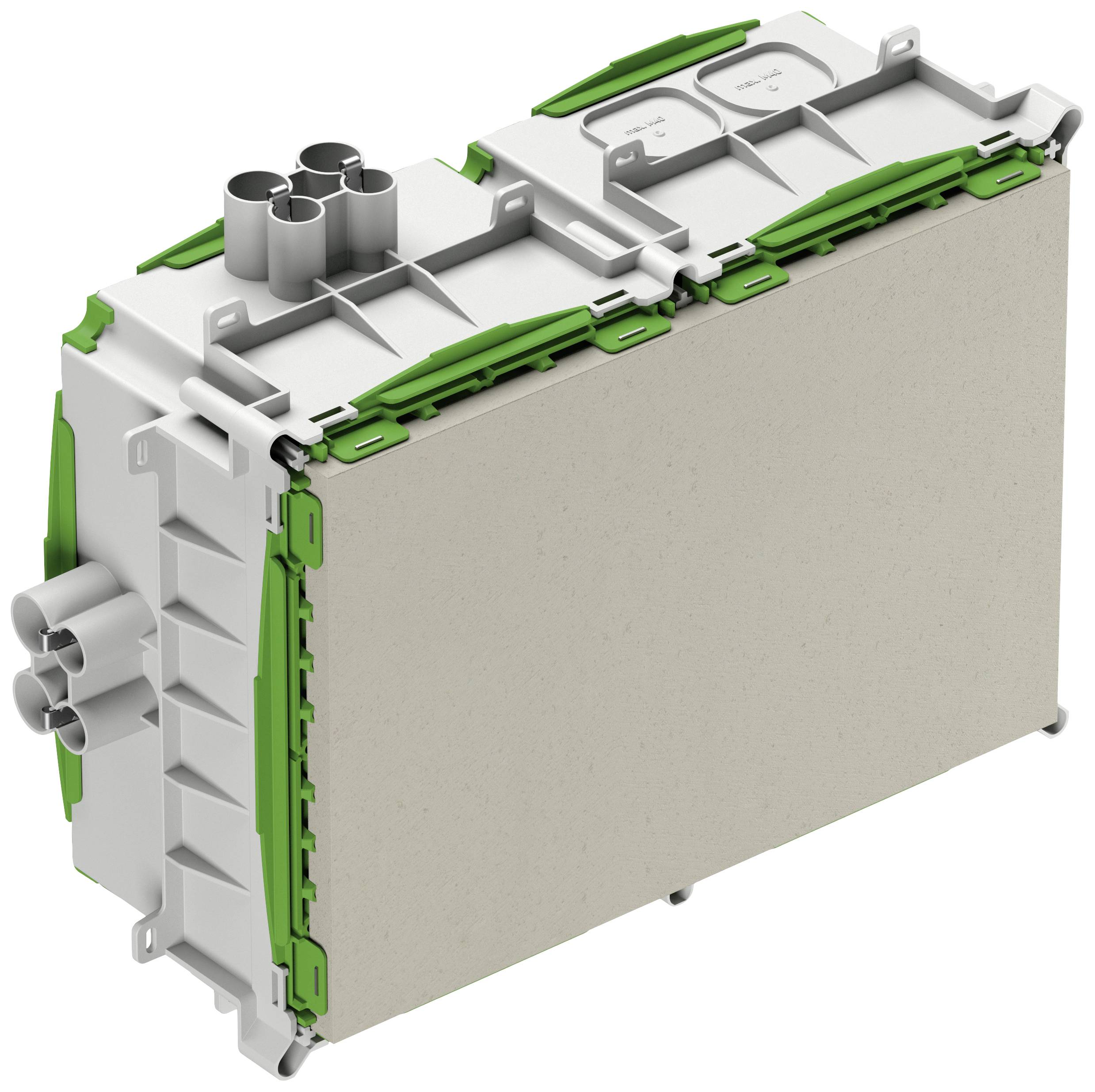 Un composant rectangulaire gris avec des bords verts et plusieurs ouvertures de connexion sur le dessus, typique du design de module électrique.