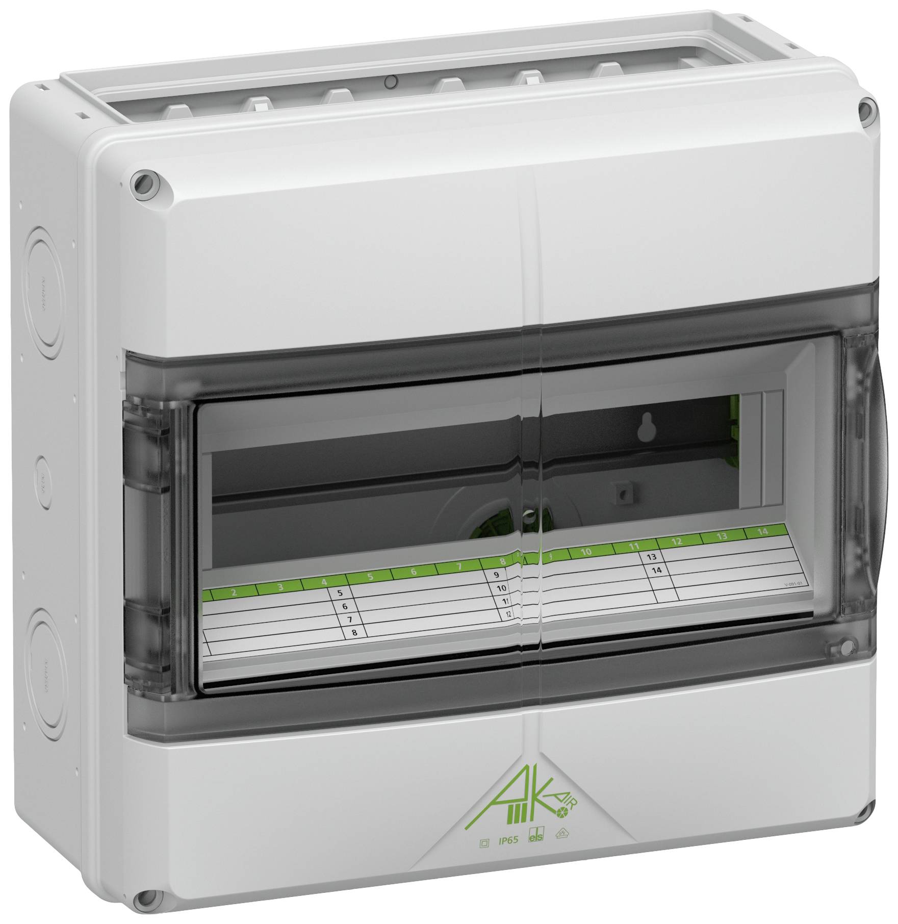 Boîte de dérivation en plastique gris-blanc avec couvercle transparent, adaptée aux composants électriques en intérieur.