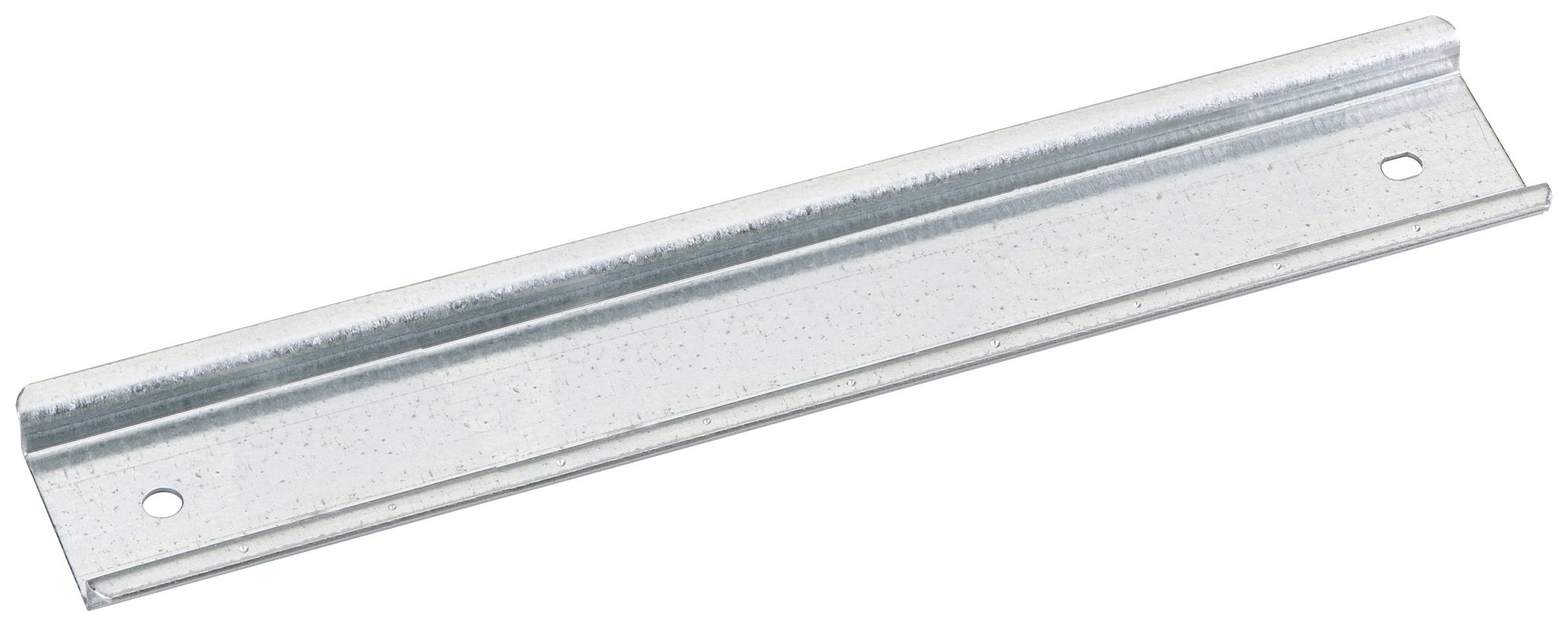 Équerre métallique de fixation, rectangulaire avec deux trous de vis, de couleur argent. Utilisée dans les constructions ou comme support.