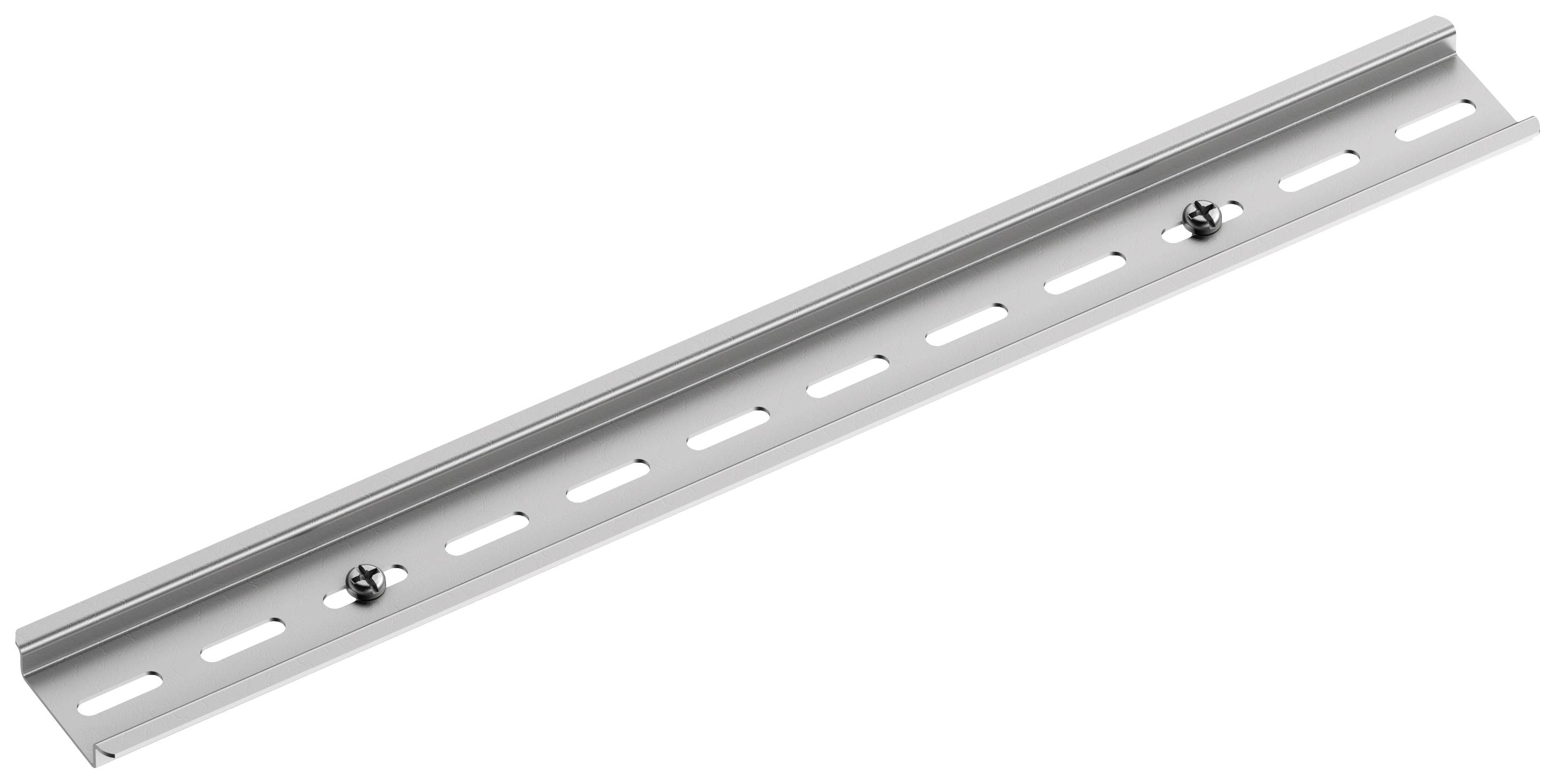 Rail métallique avec des trous répartis uniformément, deux vis de fixation visibles. Utilisable à des fins de construction ou de montage.