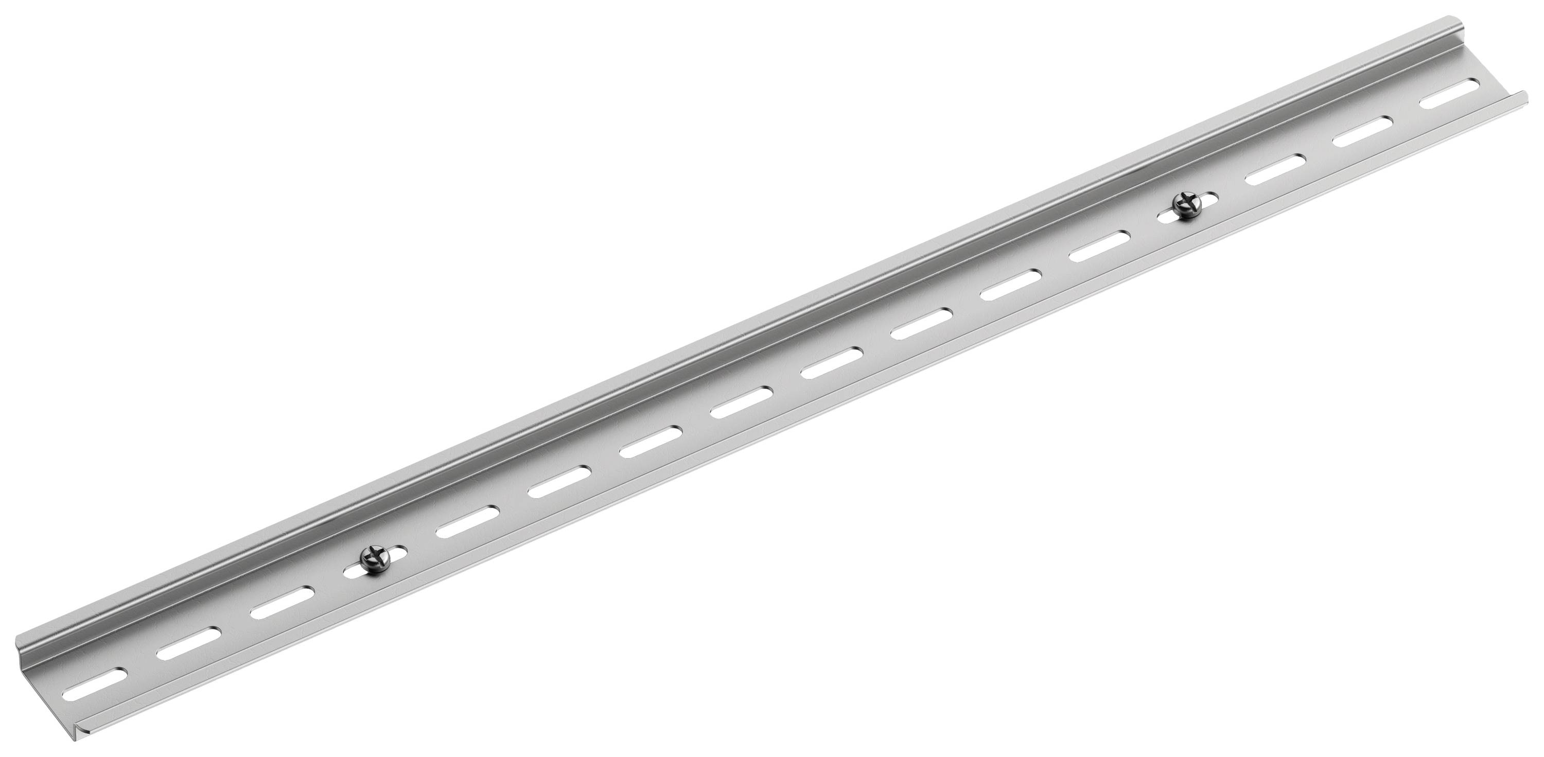 Rail métallique à plusieurs fentes et deux vis, adapté pour la fixation ou le montage d'objets sur des murs ou des surfaces.