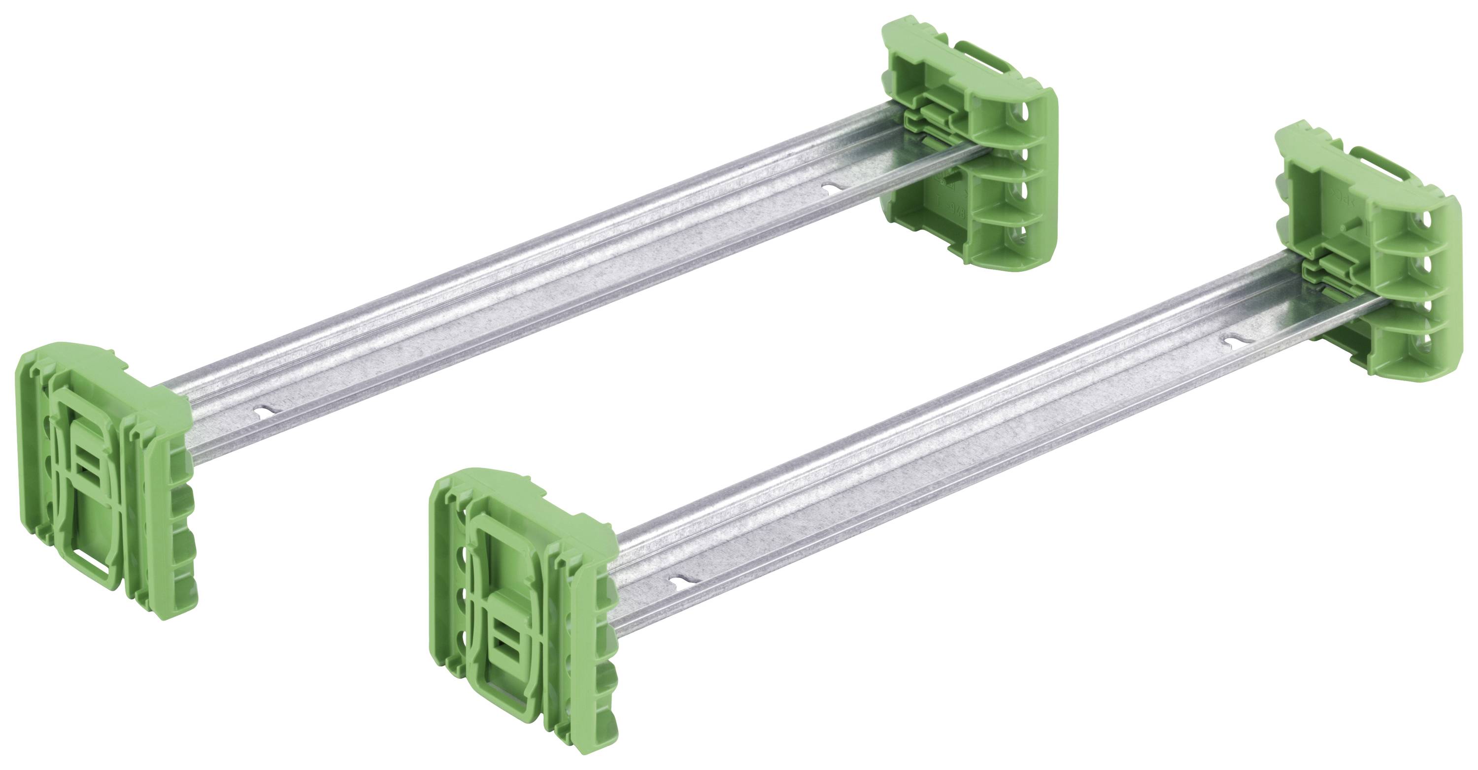 Deux supports en plastique vert avec des renforts métalliques, disposés horizontalement, pour la stabilisation ou le montage dans des applications techniques.