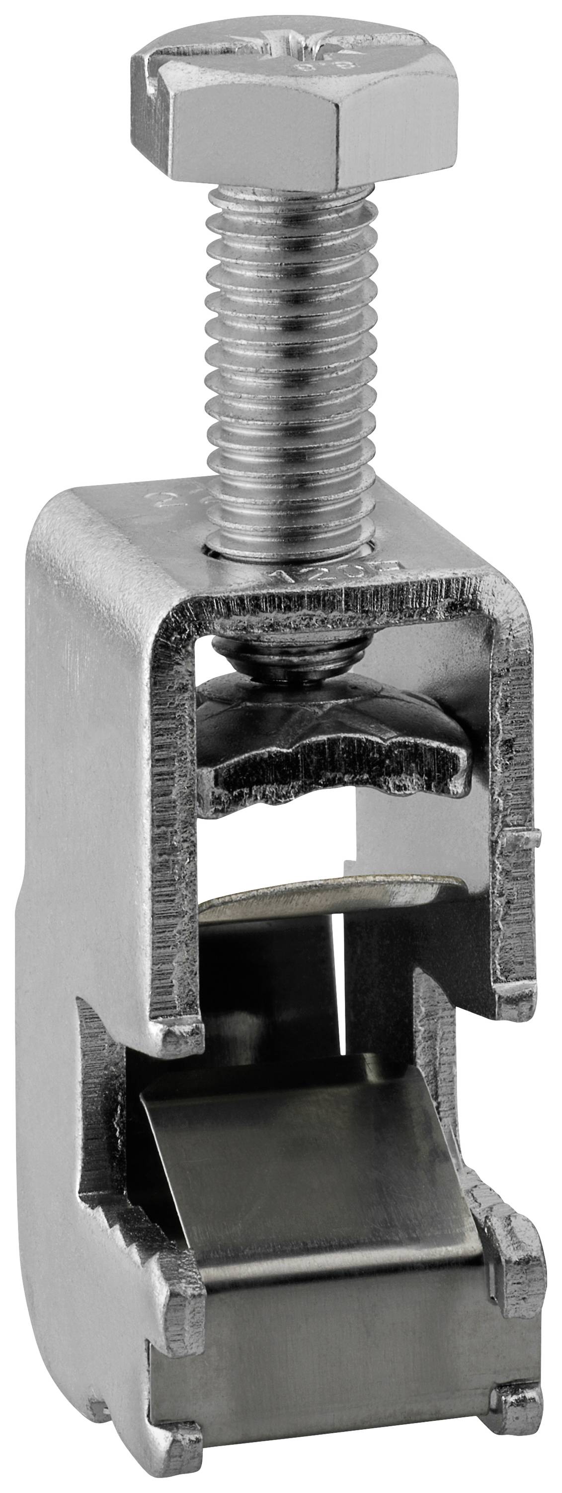 Pince métallique avec vis et support, destinée à la fixation sécurisée de pièces métalliques. Adaptée aux applications industrielles.
