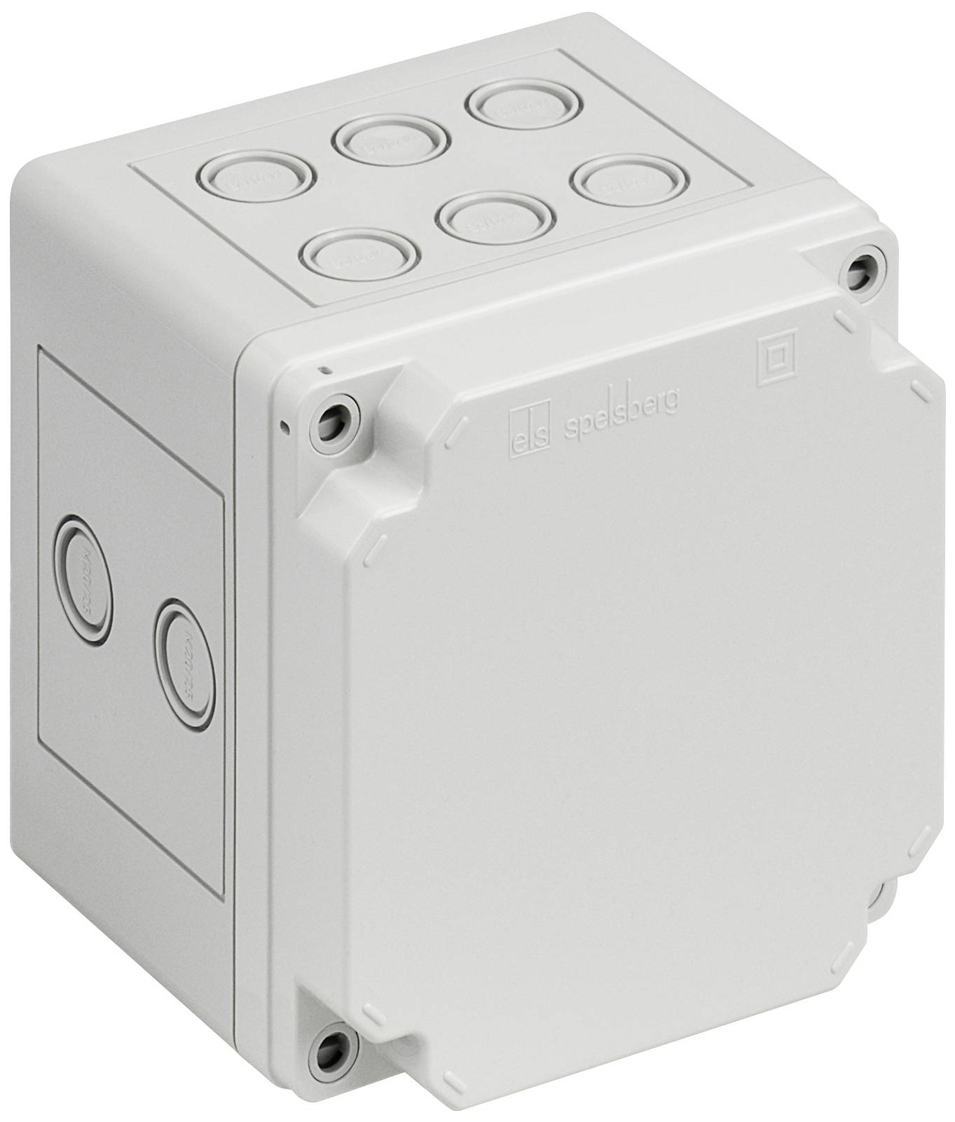 Boîte de distribution électrique avec plusieurs ouvertures rondes et vis sur le devant, utilisée pour les connexions de câbles.