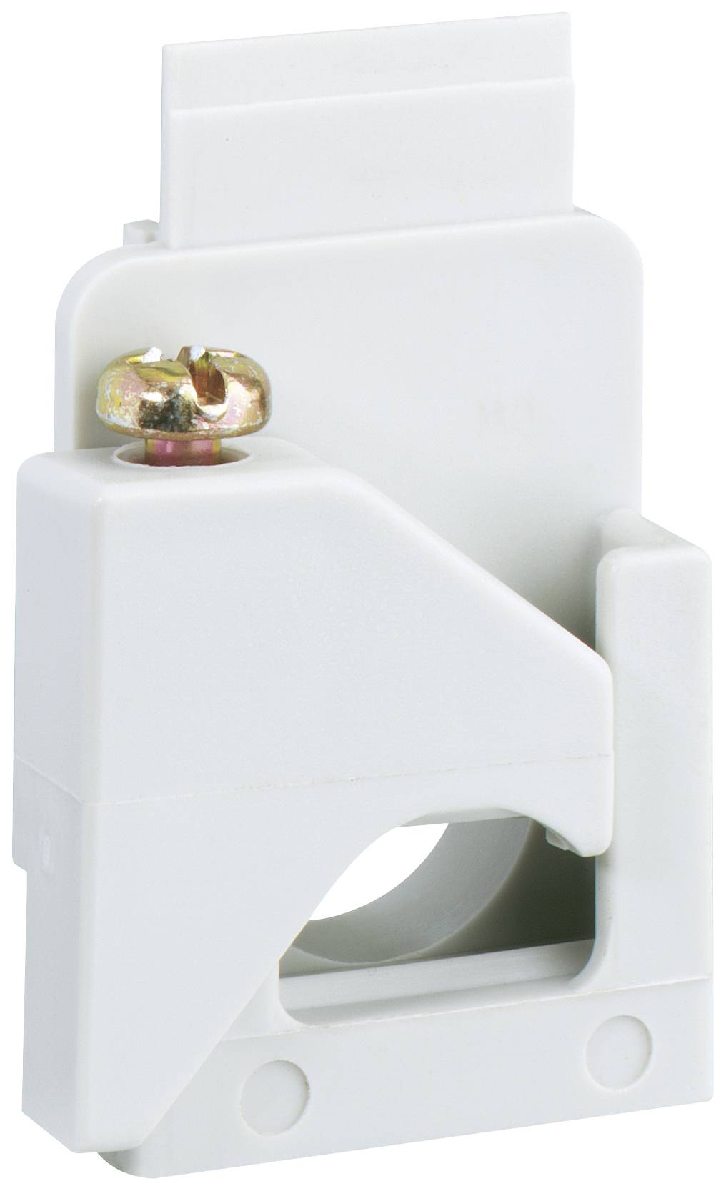 Connecteur de goulotte de câbles blanc avec fixation par vis, adapté pour la fixation et la connexion de câbles dans les installations électriques.