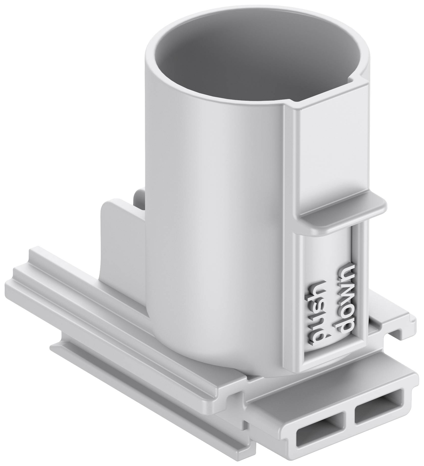 Un composant en plastique blanc avec un corps cylindrique et un mécanisme à levier, portant les inscriptions « Push » et « Down ».