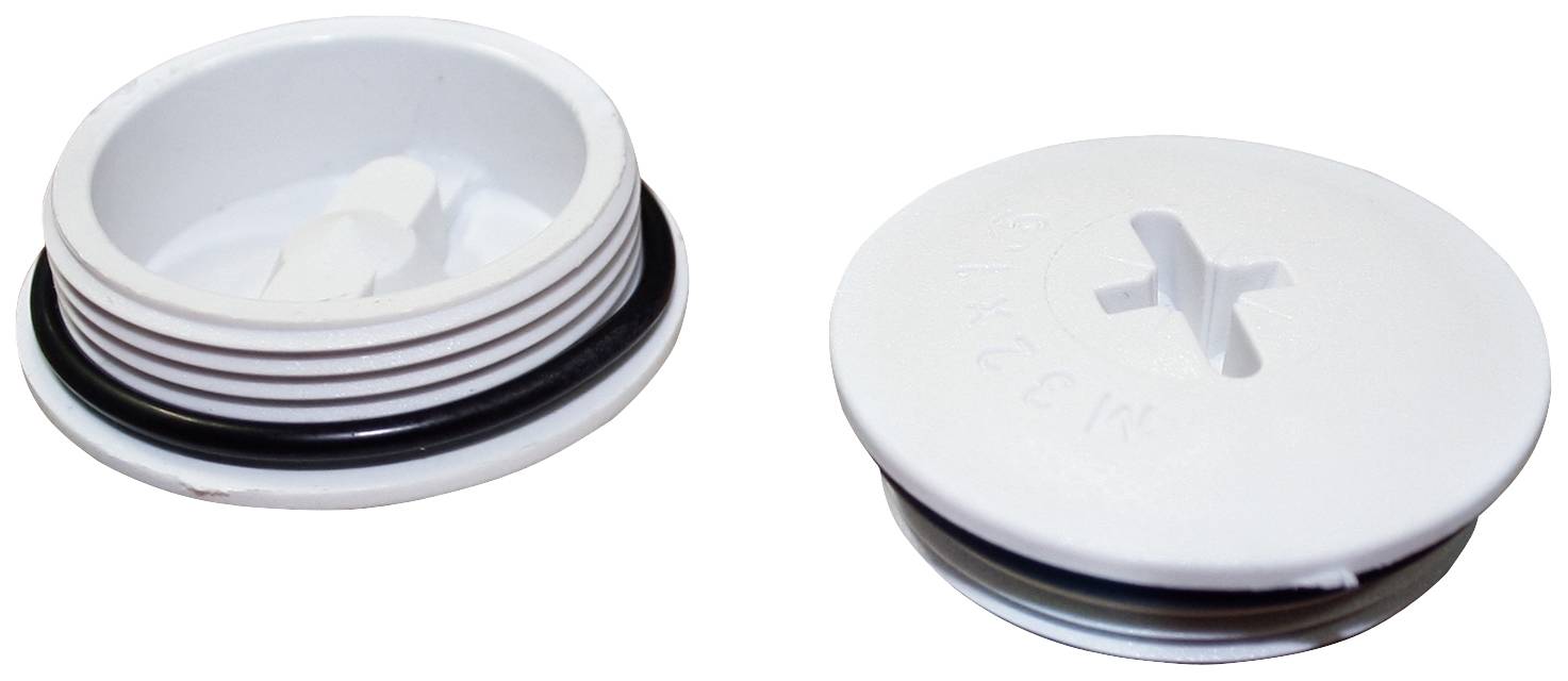 Deux bouchons à vis en plastique blanc avec des joints d'étanchéité ; l'un montre le côté fileté, l'autre le dessus avec une fente cruciforme.
