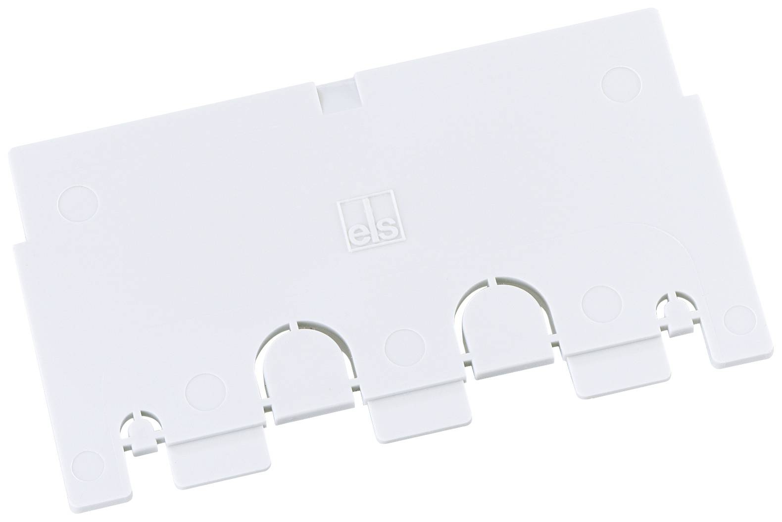 Une couverture en plastique blanche, rectangulaire, avec plusieurs languettes et le logo 'els' imprimé au centre.