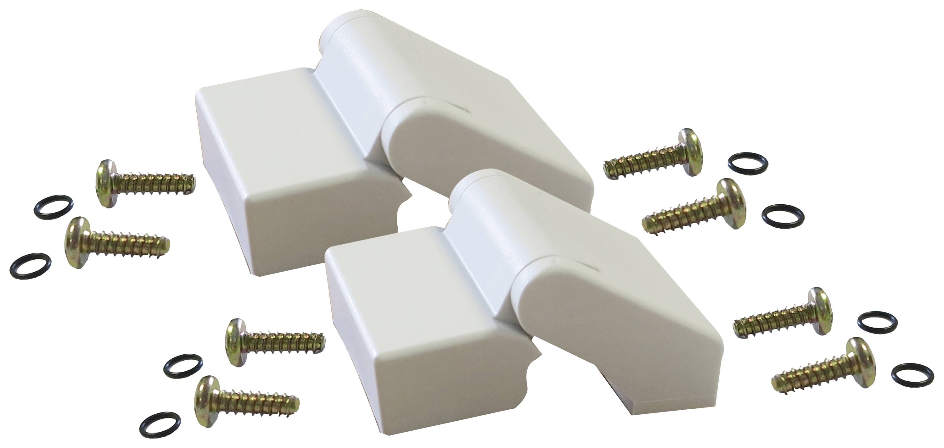 Deux paires de charnières en plastique blanc, chacune équipée de quatre vis et rondelles, convenant à la montage de meubles ou aux réparations.
