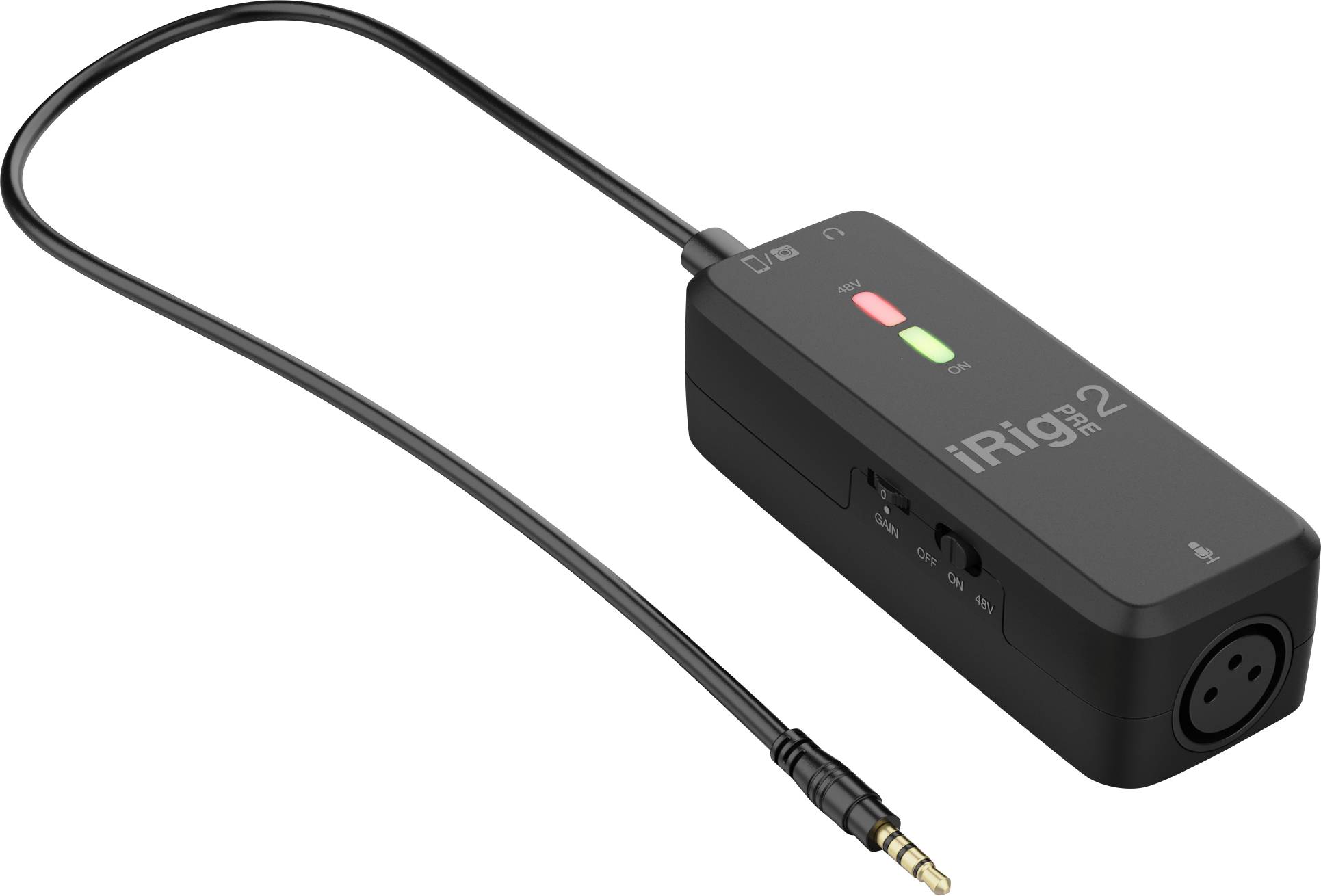 Adaptateur avec câble et jack, modèle 'iRig 2'. Utilisé pour connecter des instruments de musique aux appareils mobiles.