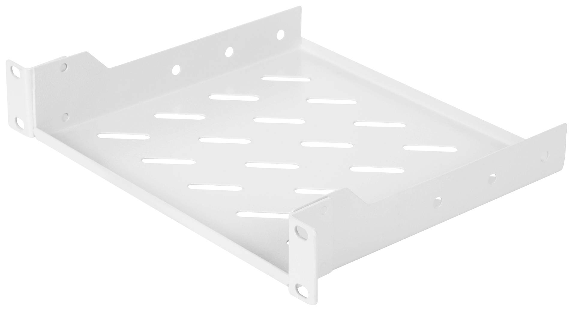 Étagère métallique blanche avec des fentes de ventilation, adaptée à une fixation murale ou comme support pour appareils.