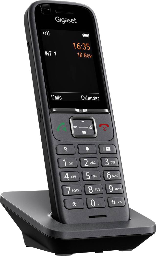 Téléphone sans fil avec station de base, affichant l'heure 16:35 et la date 16 novembre. Touches rétroéclairées, touches pour les appels et le calendrier.