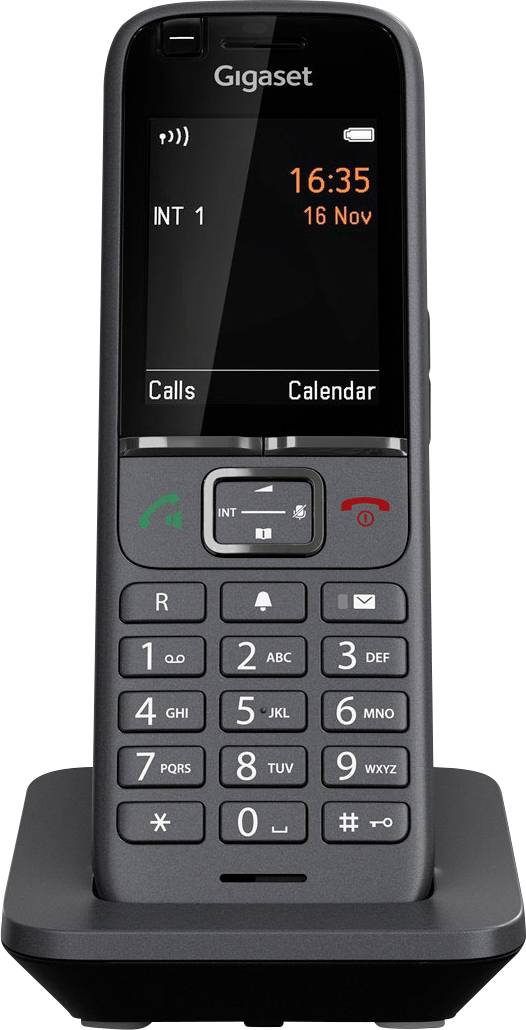 Téléphone sans fil sur sa station de base, affichant 'INT 1' sur l'écran, l'heure 16:35 et la date 16 nov. Touches pour répondre et terminer un appel.
