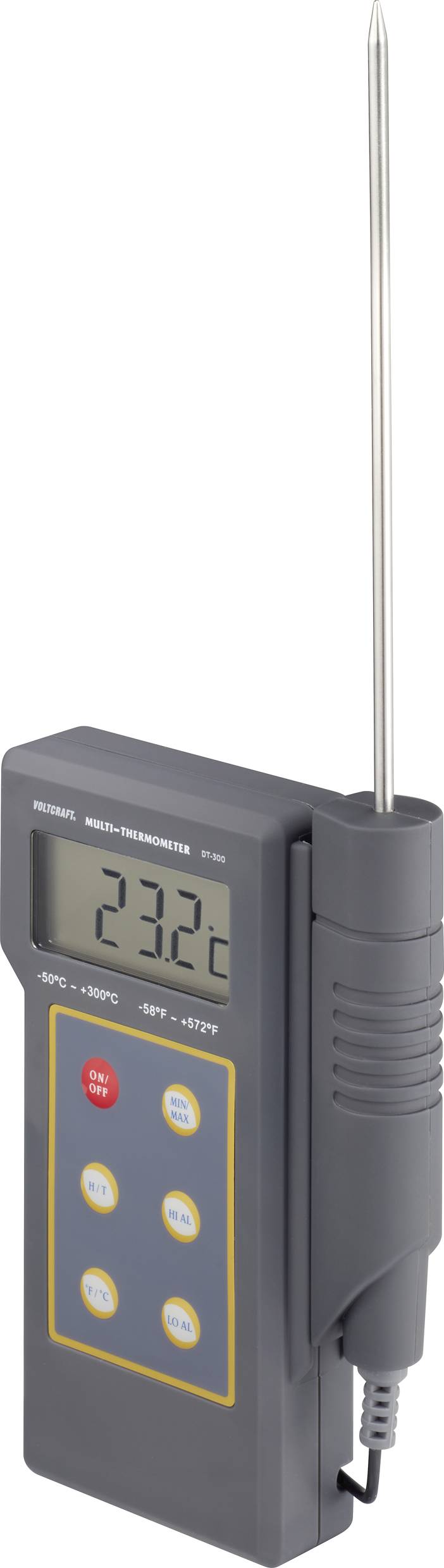Un thermomètre numérique avec sonde métallique affiche '23,2°C' sur l'écran, adapté pour des mesures de température de -50°C à +1300°C.