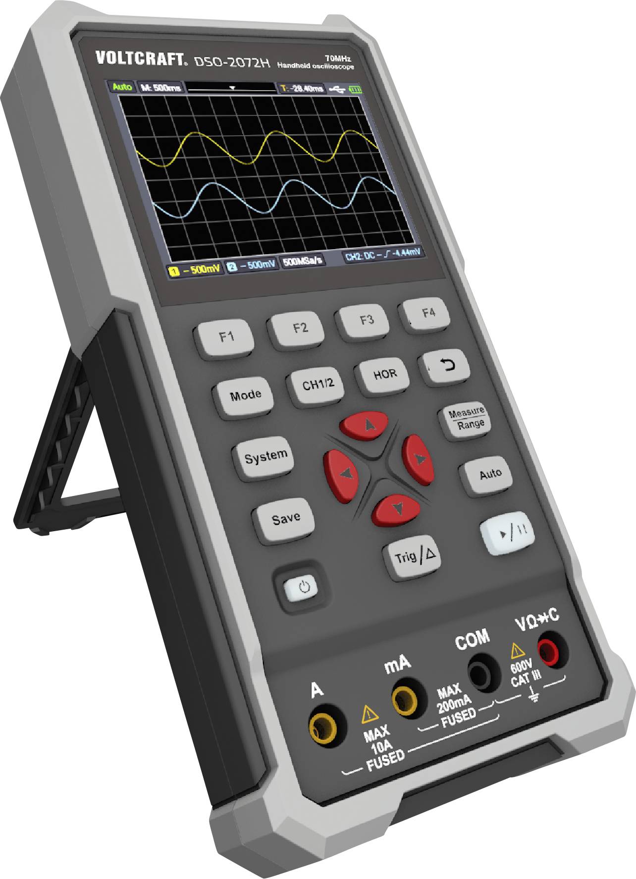Oscilloscope numérique avec écran rétroéclairé montrant un diagramme d'onde. Touches de contrôle et de réglage visibles sur l'appareil.