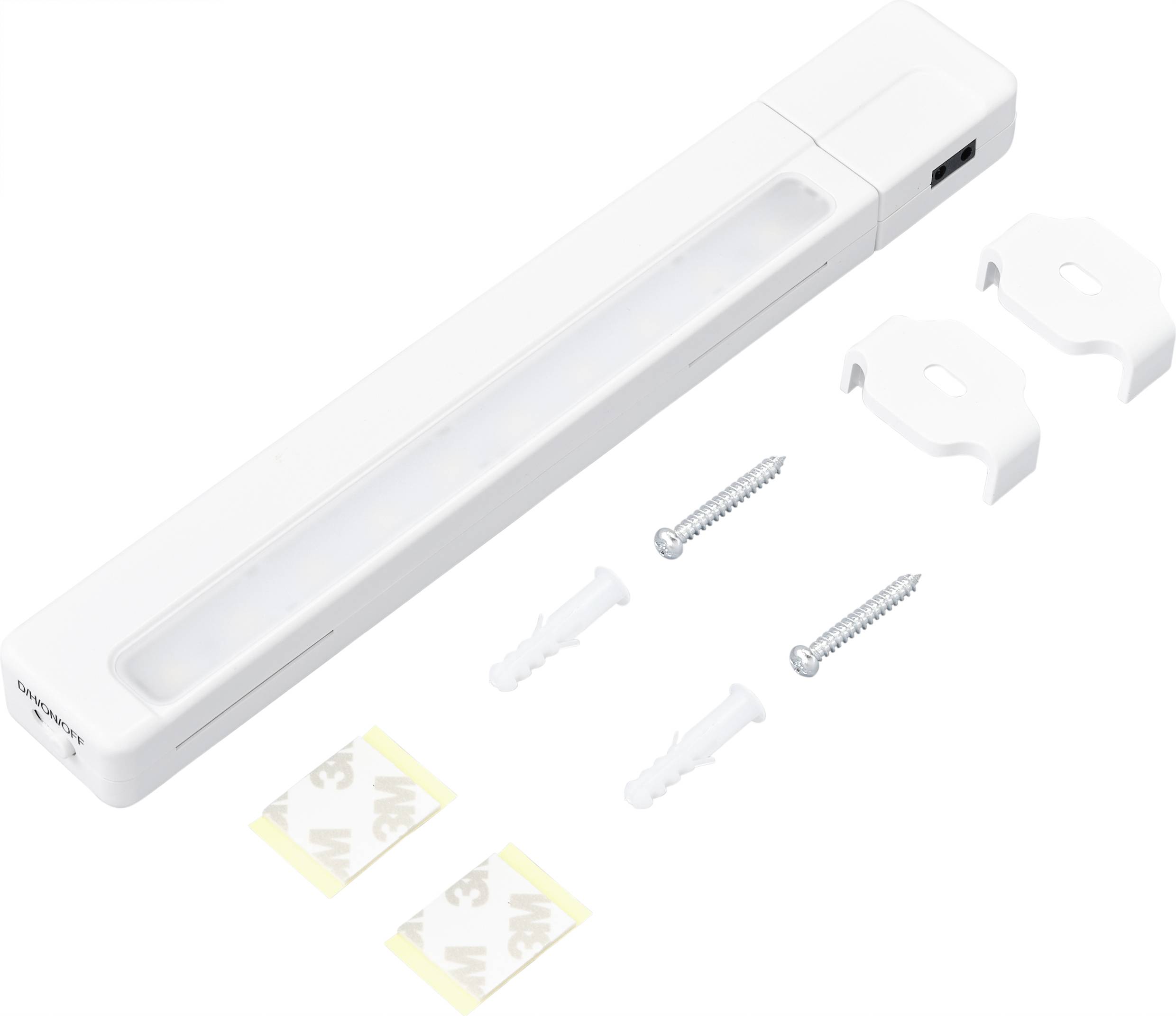 Un éclairage LED blanc pour placard, fourni avec accessoires de montage tels que vis, chevilles et supports adhésifs, adapté à l'installation dans les armoires ou les étagères.