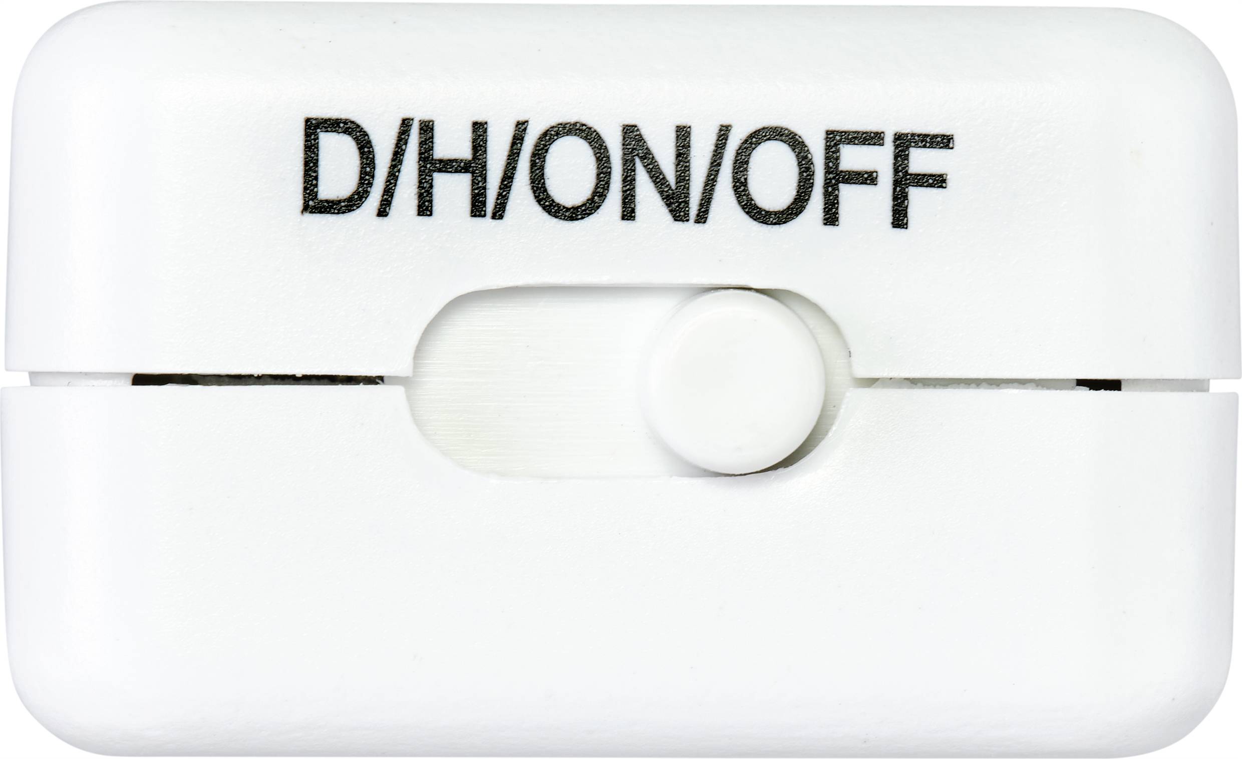 Interrupteur blanc avec l'inscription 'D/H/ON/OFF', utilisé pour régler les niveaux de sécheresse ou mettre en marche et arrêter un appareil.