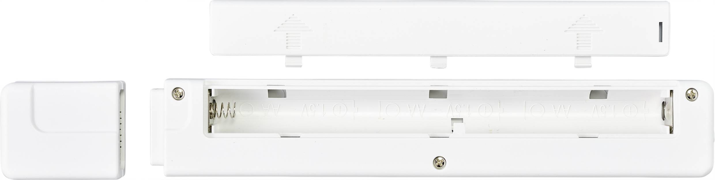 Appareil blanc avec un couvercle amovible et un espace intérieur visible pour les batteries, probablement un composant d'un système électronique ou d'un capteur.