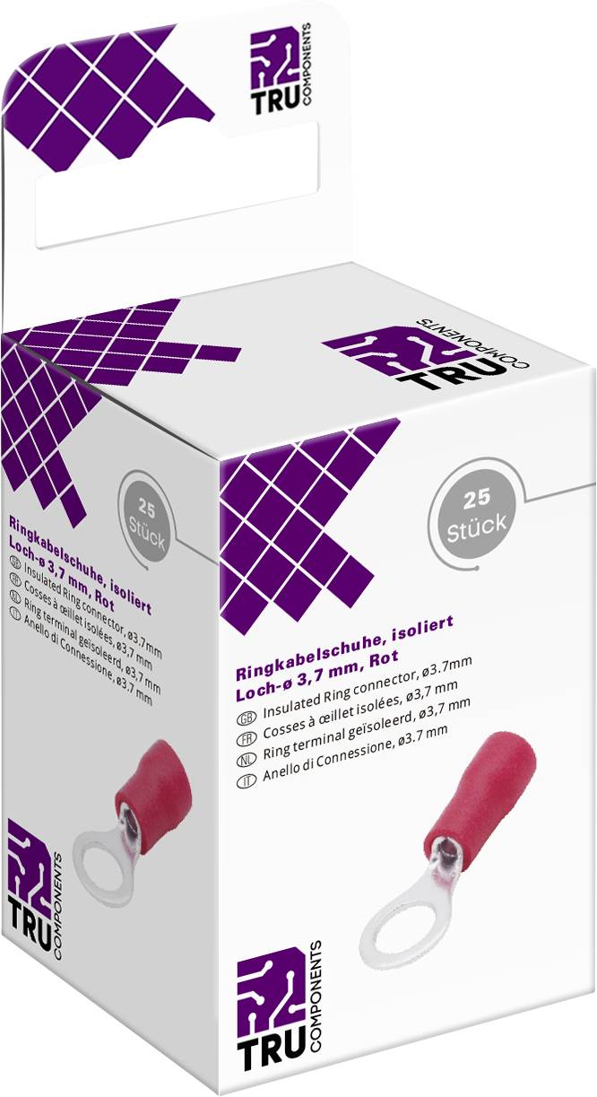 Un emballage contenant 25 cosses à sertir isolées rouges de TRU Components, avec un diamètre de trou de 3,7 mm, représenté de face.