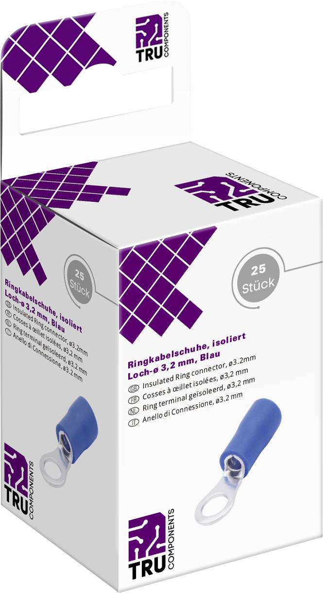 Emballage d'un embout de câble à sertir isolé avec trou de 3,2 mm, bleu, lot de 25 pièces. Logo de marque et illustration du produit visibles.