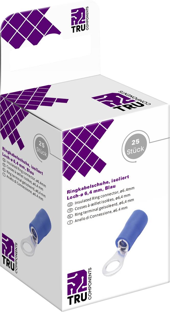 Lot de 25 cosses à œillet isolées, diamètre de trou 6,4 mm, en bleu, de TRU Components.