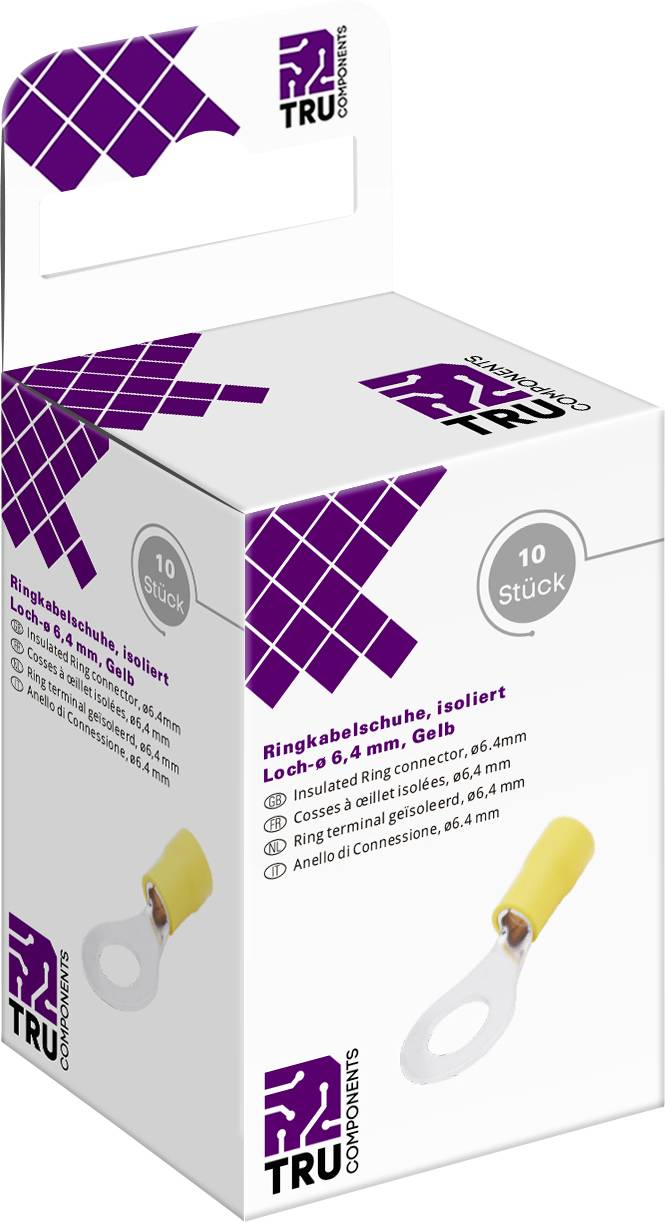 Emballage de 10 cosses de câble à anneau jaunes isolées. Marque 'TRU Components'. Diamètre de perçage 6,4 mm.