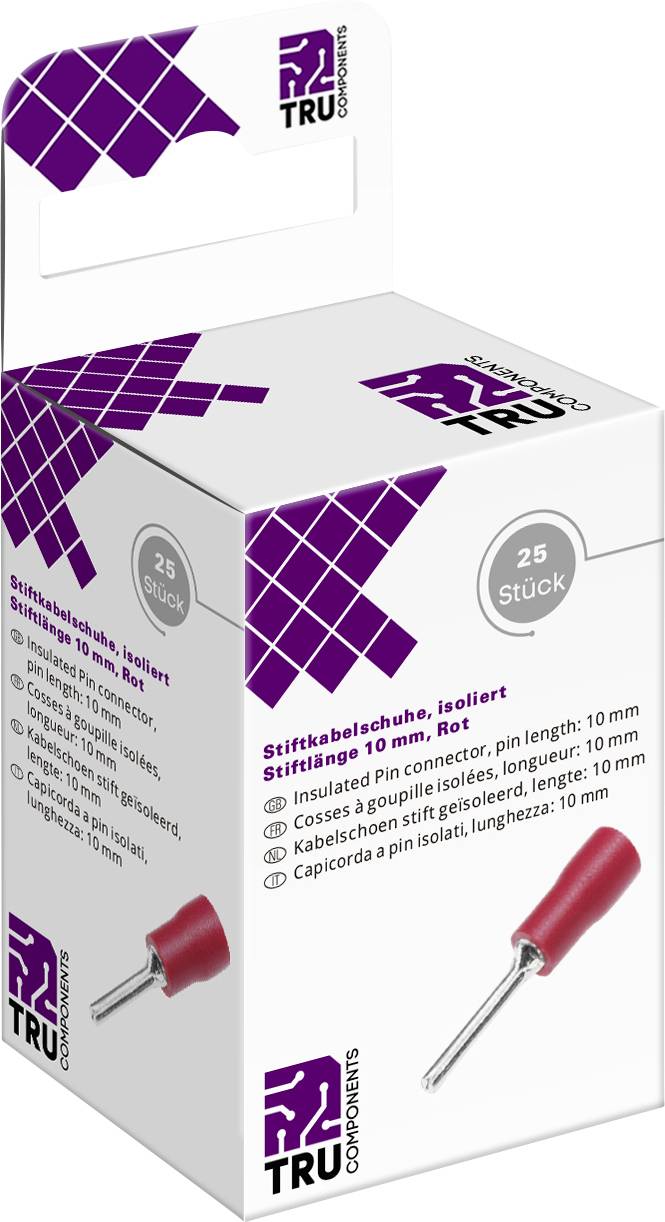 Emballage contenant 25 cosses à sertir isolées, 10 mm, rouge. Comprend des détails du produit en plusieurs langues et le logo TRU Components.